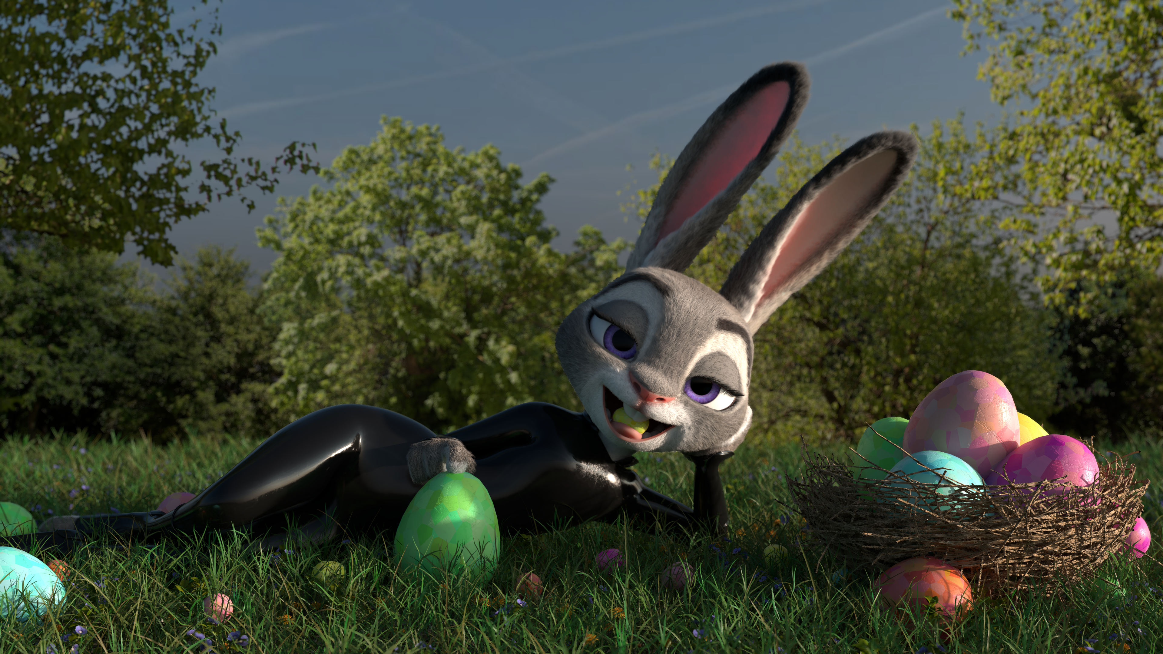 General 3840x2160 Zootopia Judy Hopps bunny girl bunny ears latex black latex easter eggs Anthro digital art lying down lying on side furry looking at viewer grass trees