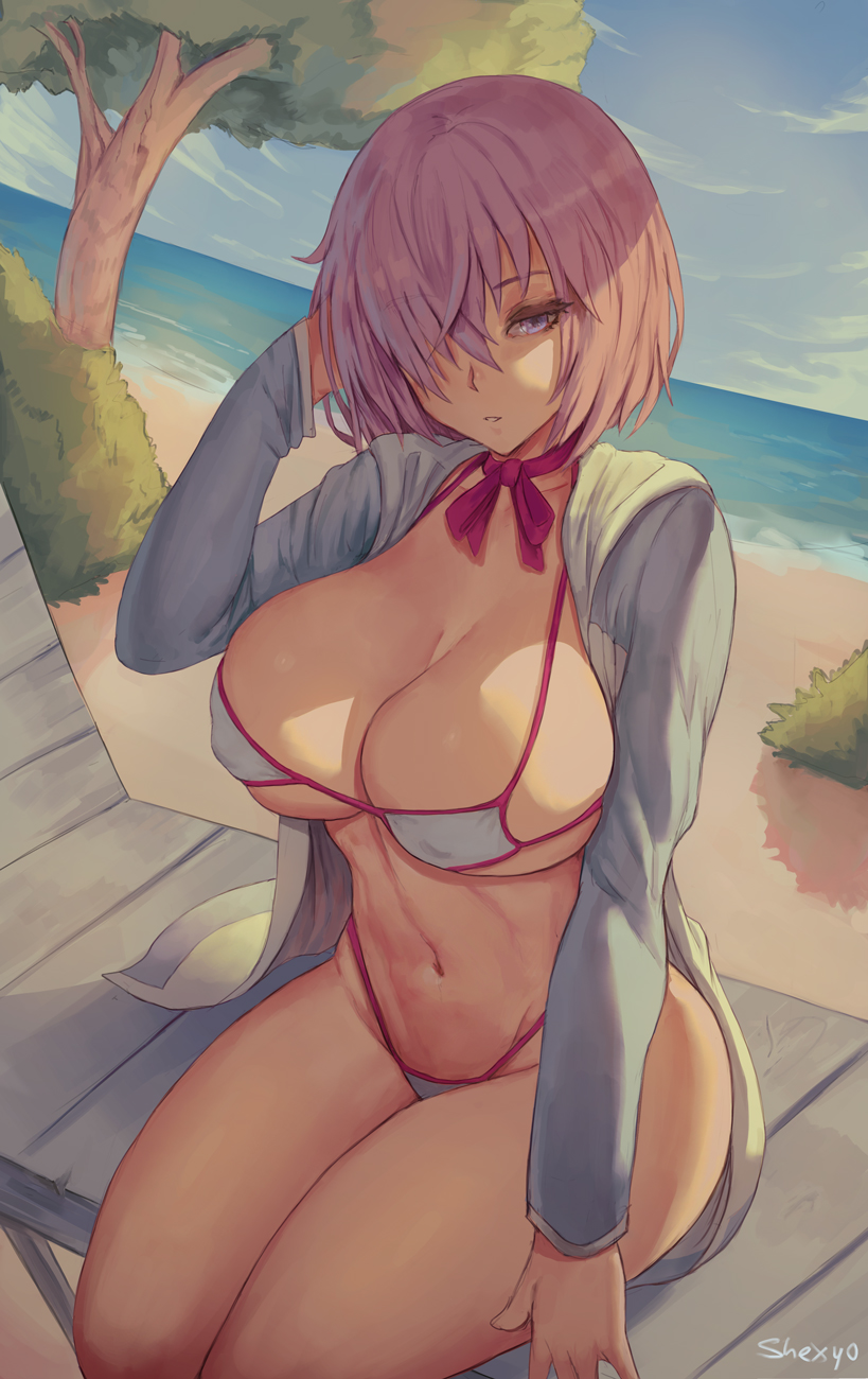 Anime 819x1300 Fate series Fate/Grand Order white bikini anime girls big boobs beach summer belly button cleavage thighs curvy thick ass thick thigh purple hair short hair hair over one eye the gap glutes 2D Mash Kyrielight wide breasts wide hips ecchi anime portrait display purple eyes Skindentation Shexyo