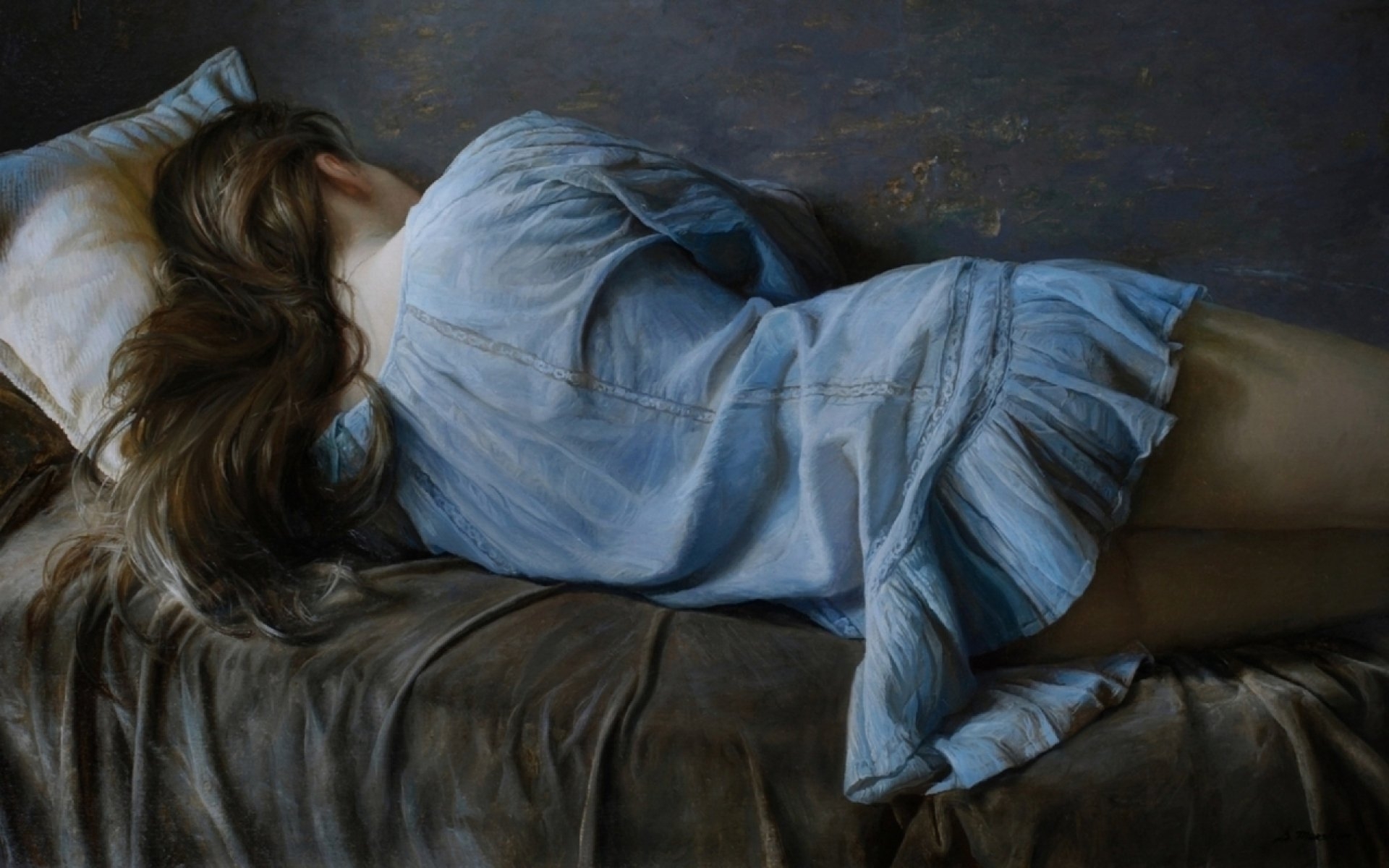 General 1920x1200 Serge Marshennikov women sleeping painting digital art lying down lying on side long hair pillow bed