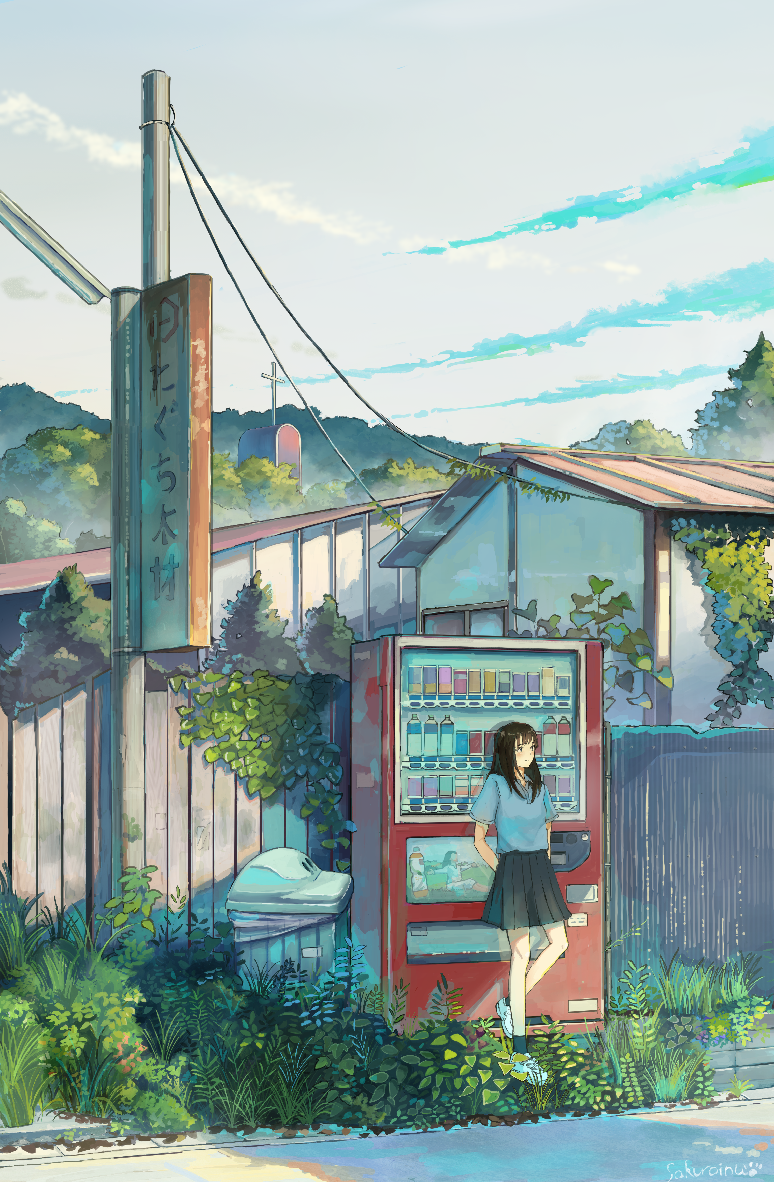 Anime 3069x4688 anime girls anime original characters street village vending machine brunette sky portrait display artwork drawing illustration 2D digital art Sakurainu