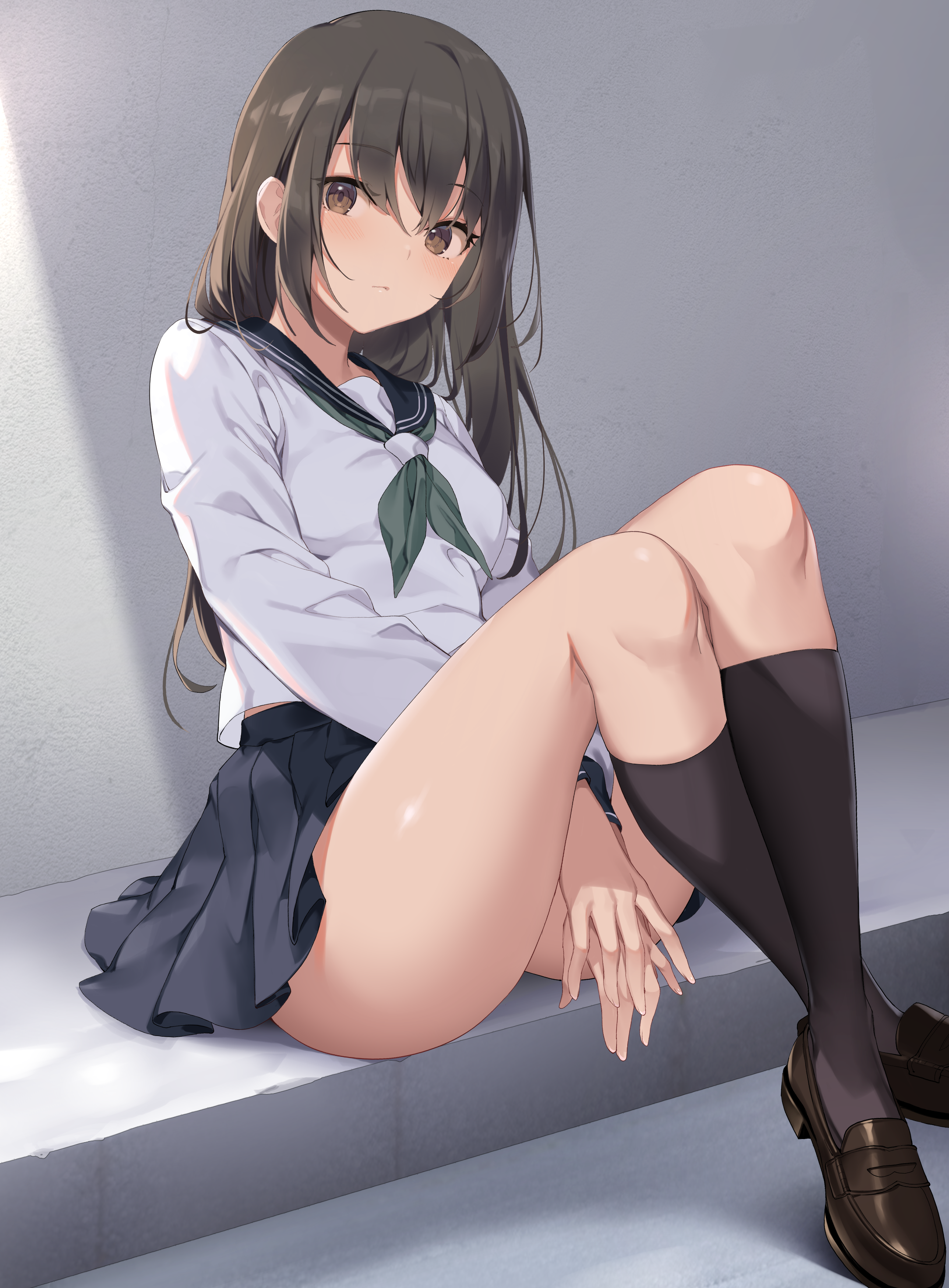 Anime 2578x3501 anime girls anime digital art artwork 2D portrait display school uniform brunette brown eyes hand(s) between legs sitting thighs Icomochi