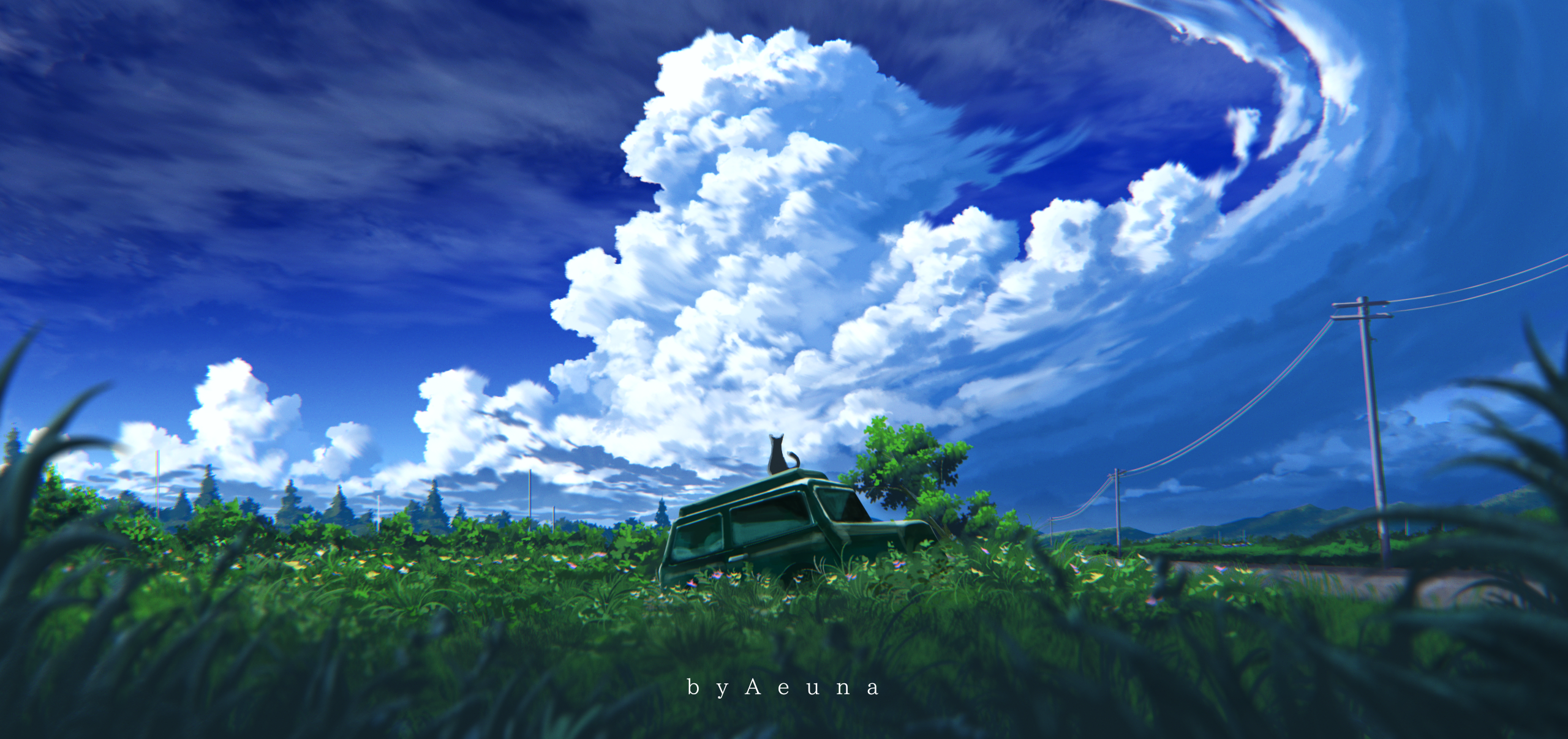 Anime 2560x1207 anime sky clouds cats car grass utility pole flowers Aeuna