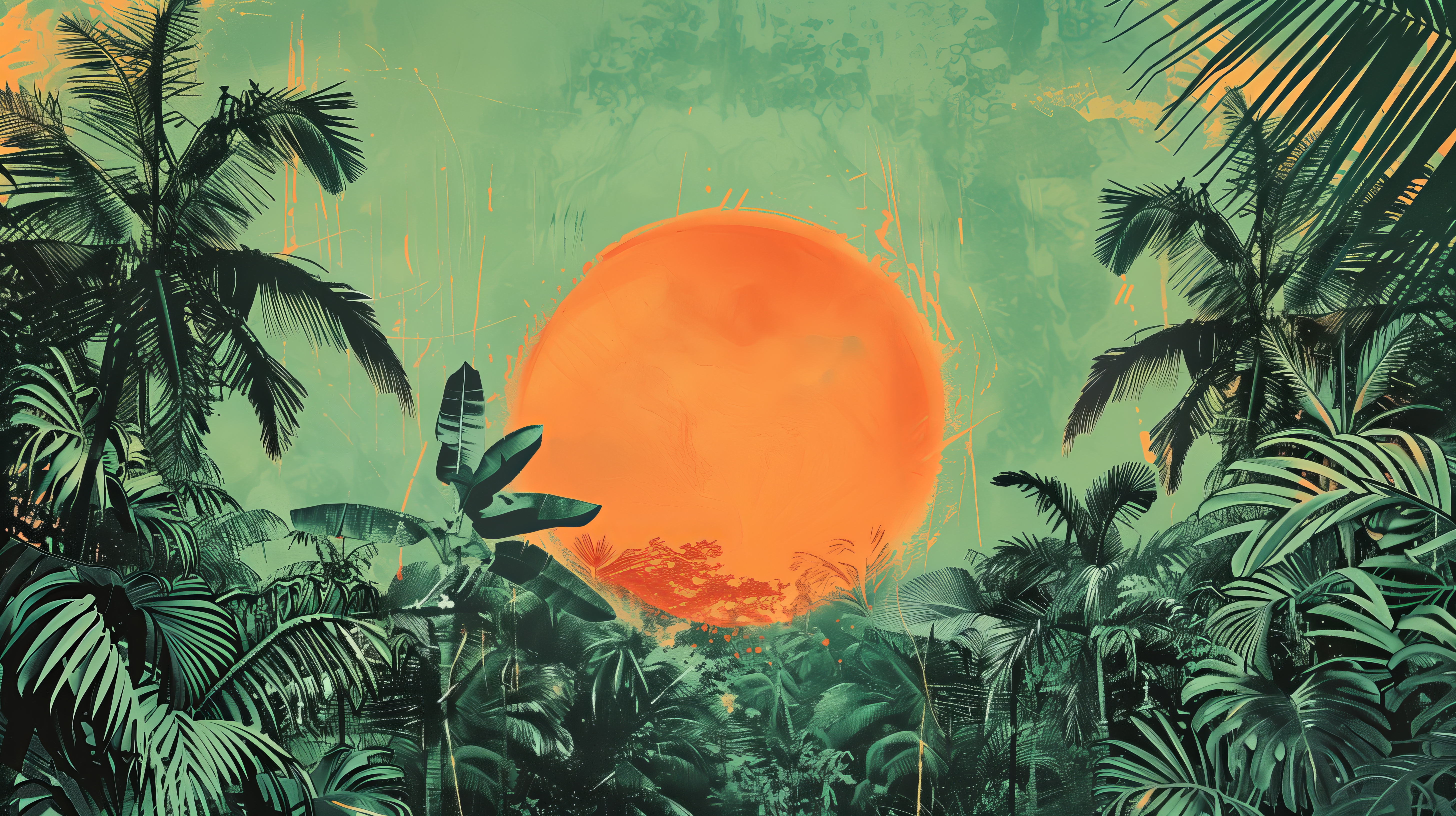 General 5824x3264 AI art illustration green orange Sun jungle palm trees