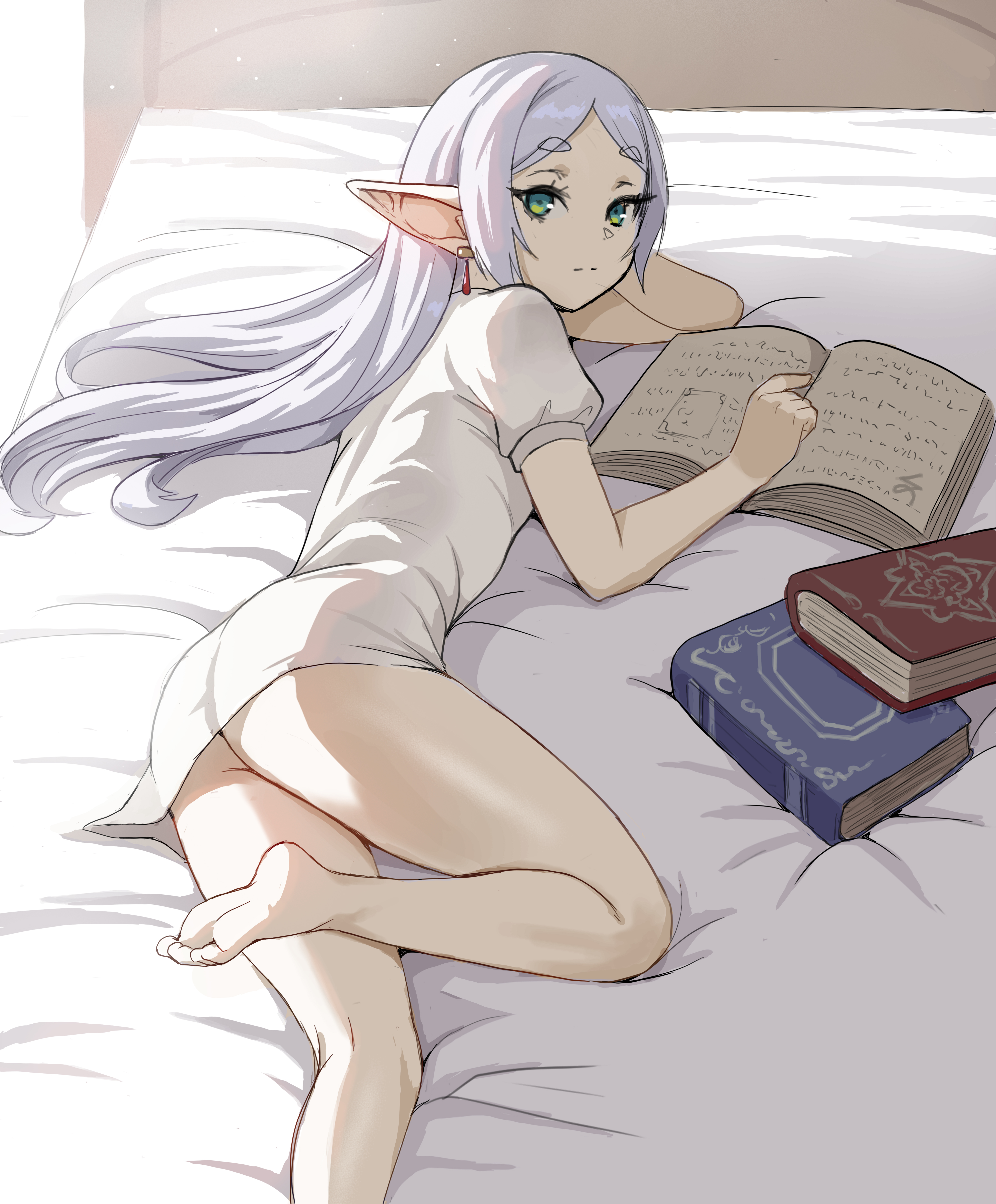 Anime 4877x5900 Frieren Sousou No Frieren anime anime girls pointy ears artwork drawing fan art Zefrableu portrait display looking over shoulder 2D books bed earring closed mouth long hair thick eyebrows in bed short sleeves white hair gray hair green eyes looking at viewer foot sole barefoot skinny ass