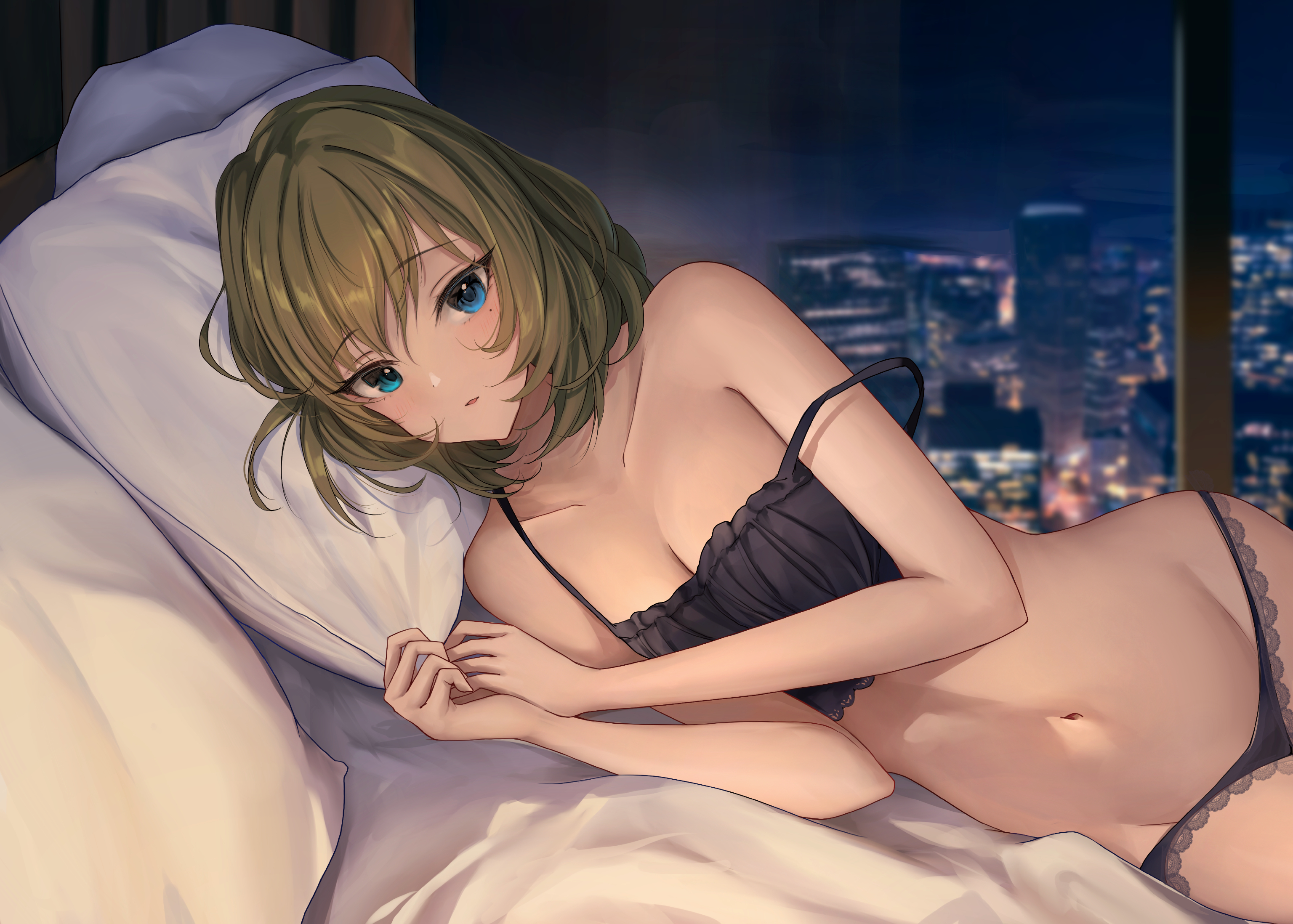 Anime 3072x2196 THE iDOLM@STER: Cinderella Girls green hair lingerie blue eyes belly belly button bare midriff black panties black bras bra straps small boobs bed bedroom in bed lying down pillow white sheets black lingerie panties cityscape nightscape window black underwear Nyome991 anime girls Takagaki Kaede city strap falling off shoulder