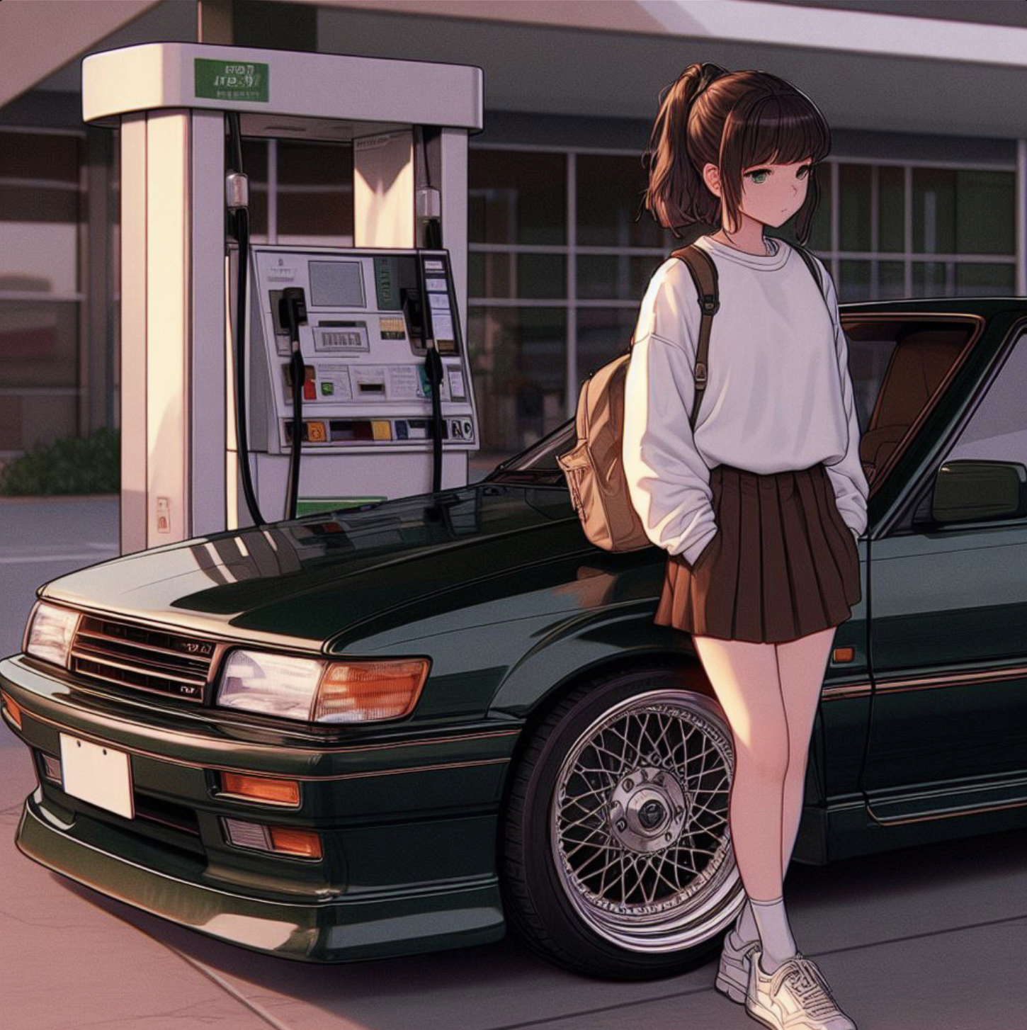 Anime 1450x1454 anime artwork AI art anime girls car street racing gas station skirt backpacks bodykit digital art Nissan Japanese cars