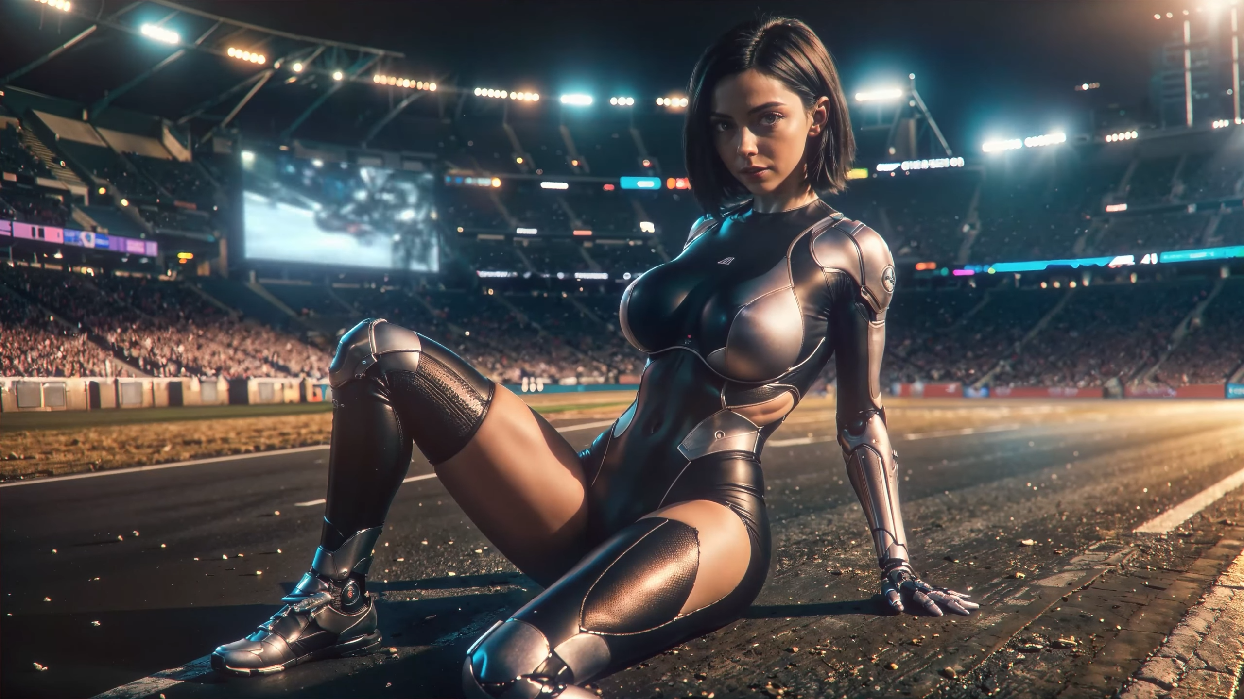 General 2560x1440 Alita bodysuit women science fiction AI art looking at viewer short hair on the ground bent legs stage light stadium big boobs thighs parted lips skindentation
