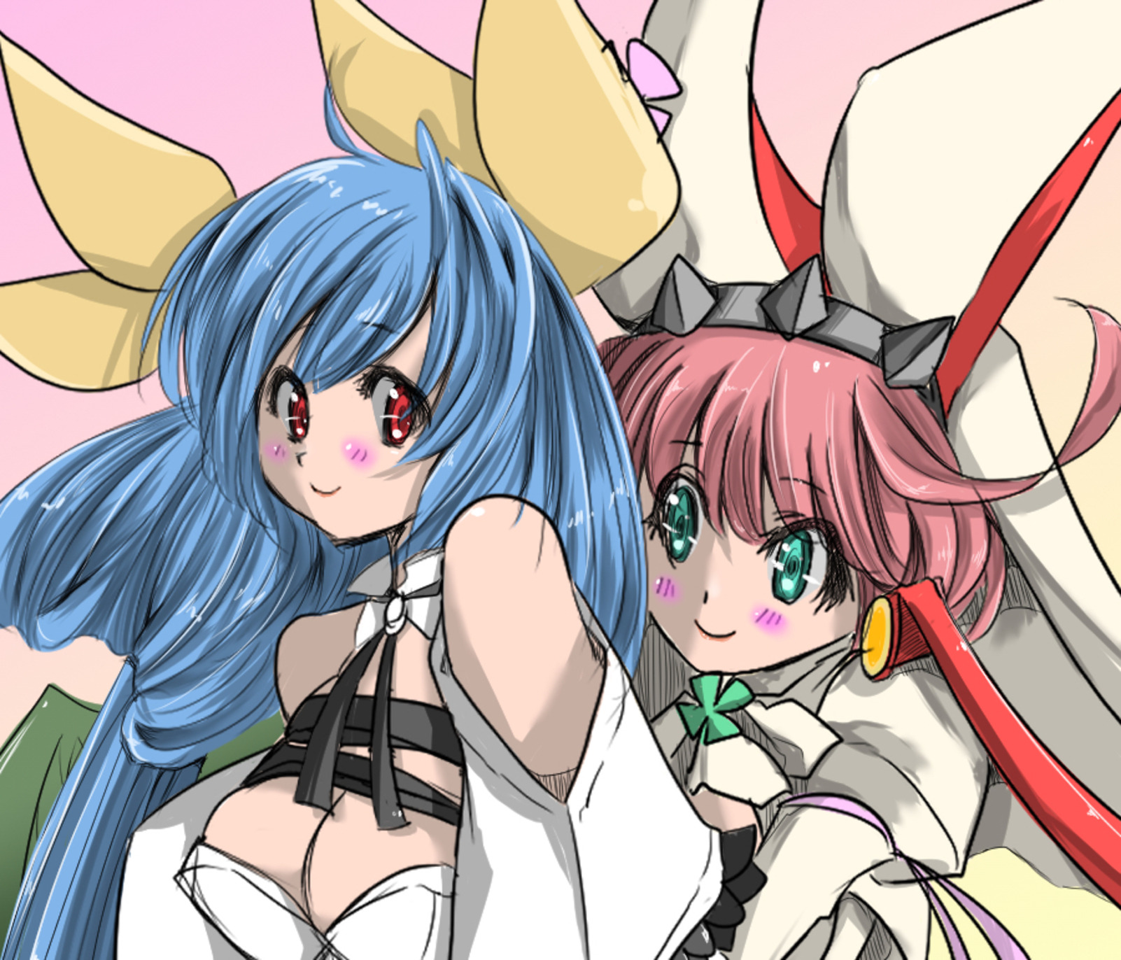 Anime 1602x1372 Guilty Gear anime games anime girl with wings yuri Testament (guilty gear) Elphelt Valentine smiling Guilty Gear Xrd long hair Dizzy (Guilty Gear) blushing anime girls closed mouth blue hair red eyes blue eyes pink hair cleavage
