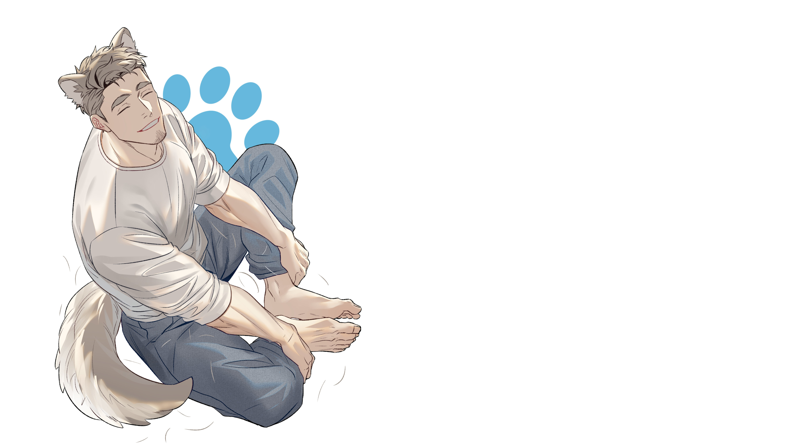 Anime 2560x1440 cat boy white background bara_(genre) anime boys closed eyes parted lips rolled sleeves long sleeves barefoot bent legs simple background beard cat ears cat tail thick eyebrows smiling holding ankles sitting