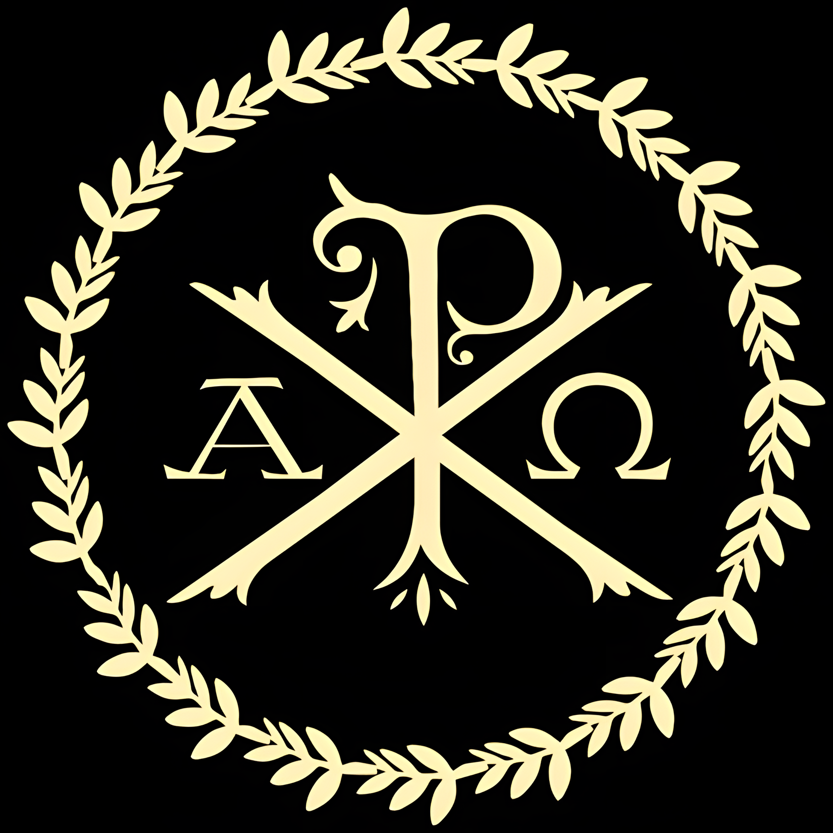 General 1650x1650 Chi rho Christianity catholic alpha omega Latin black background wreath