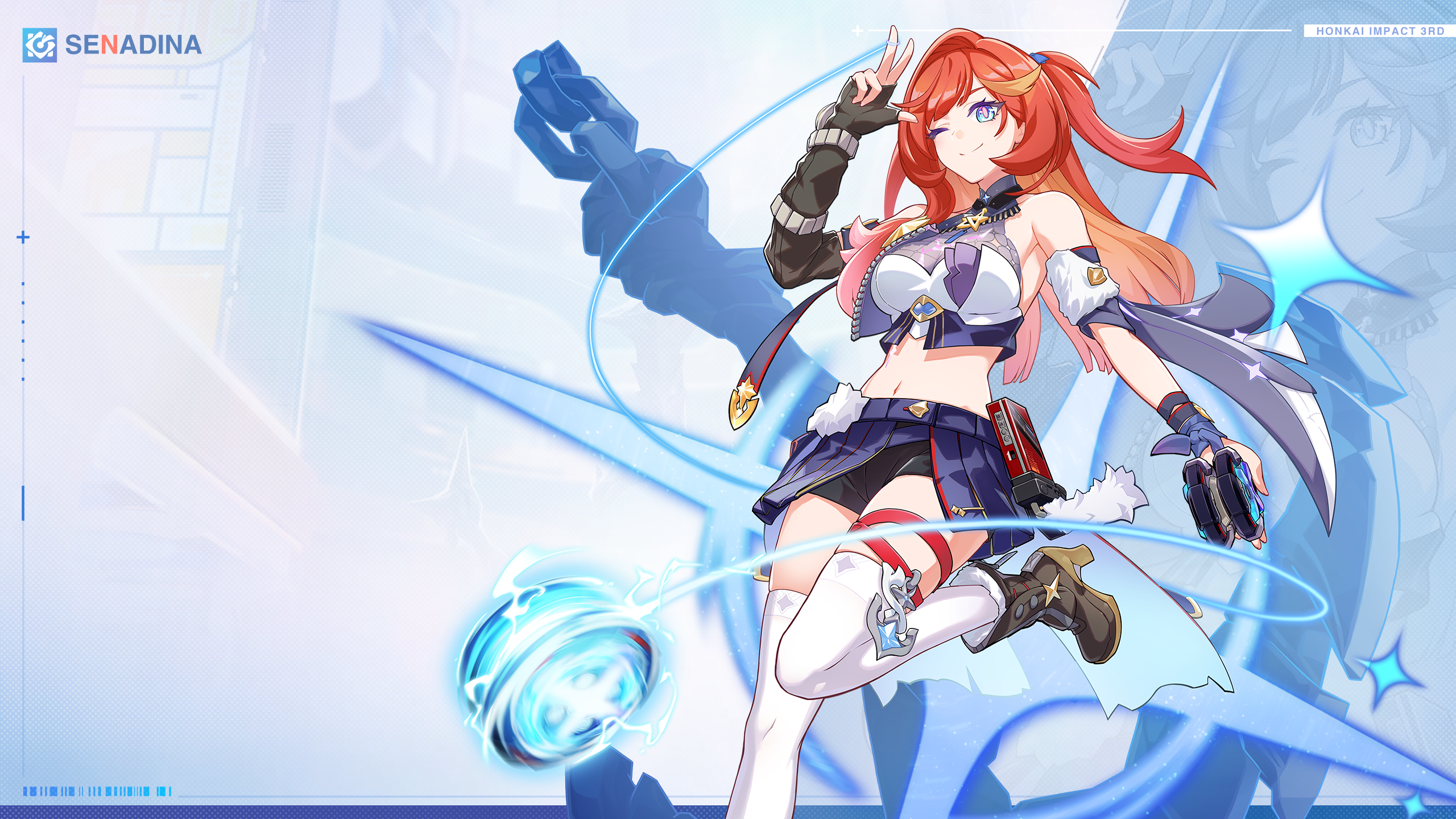 Anime 2560x1440 Honkai Impact Honkai Impact 3rd Senadina (Honkai Impact 3rd) video game characters wink video game girls video game art smiling closed mouth long hair simple background gloves bare shoulders blue eyes bare midriff thigh-highs looking at viewer redhead white thigh highs thighs peace sign black gloves boots