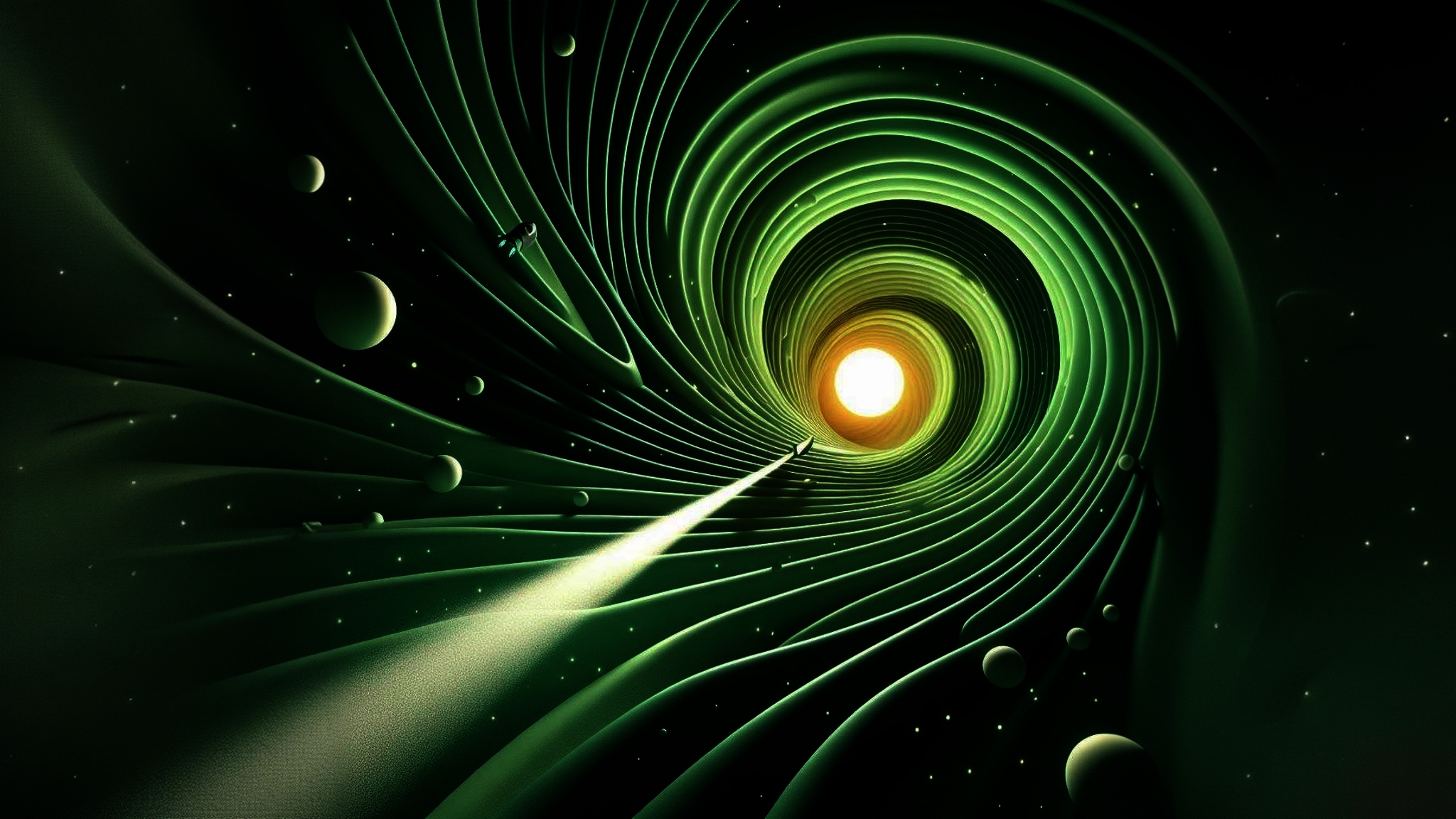 General 2048x1152 digital art AI art wormhole space travel science fiction planet green swirls space stars