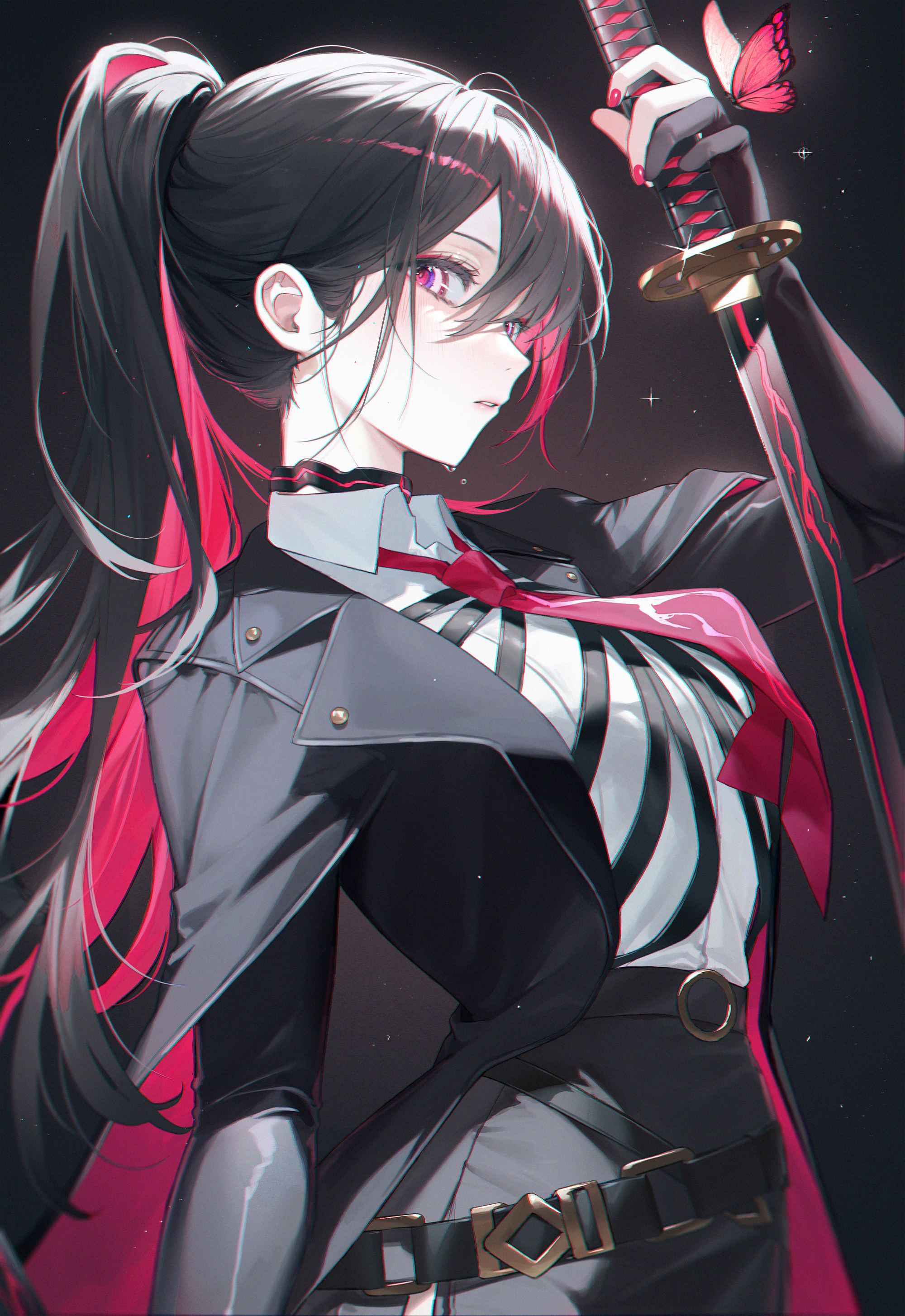 Anime 2000x2909 anime anime girls black hair ponytail katana sword pink eyes looking at viewer black suit butterfly necktie pink necktie belt simple background black background stars black sword standing Cerberus (Legendary Sword) Legendary Sword insect two tone hair parted lips