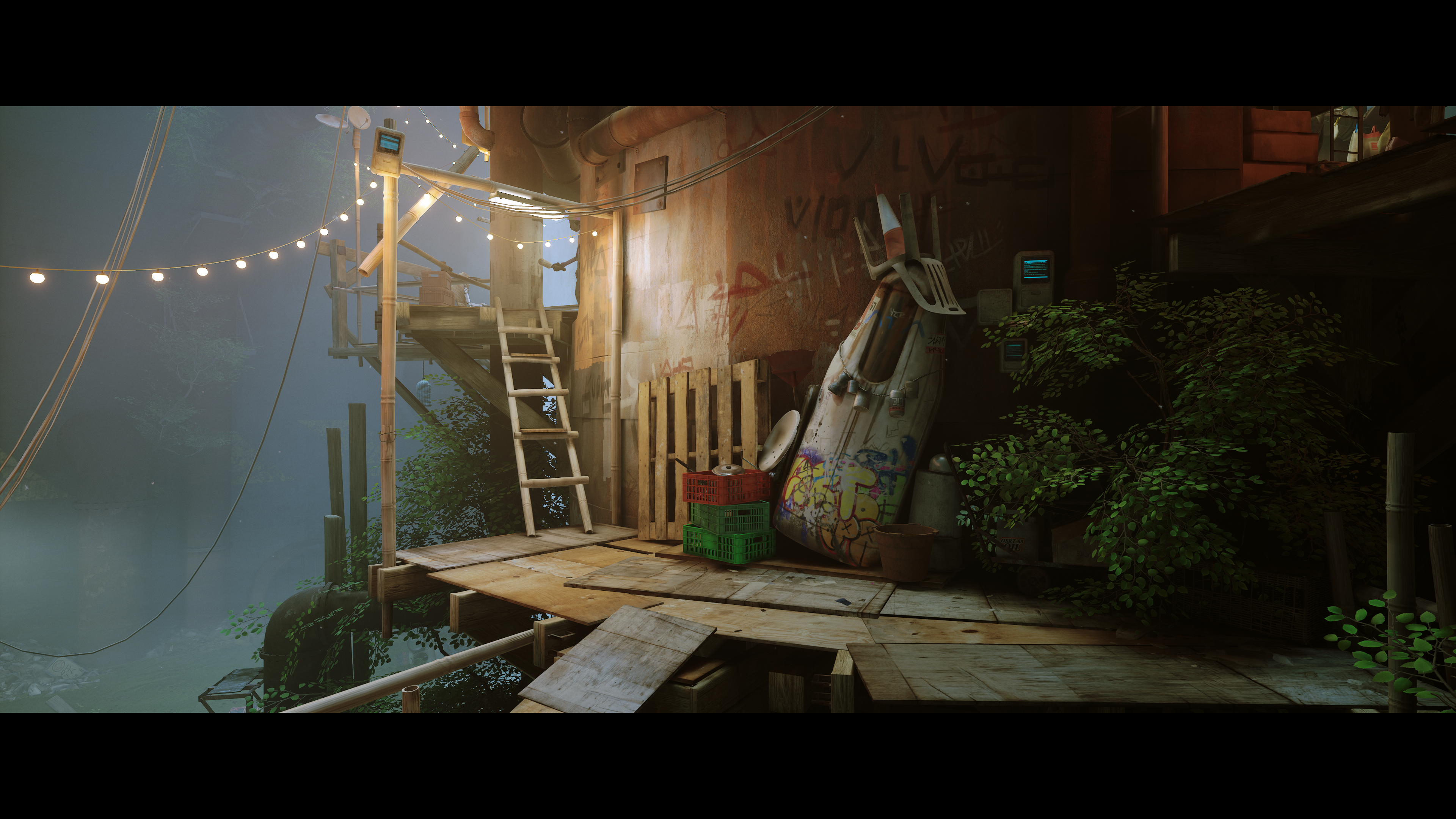 General 3840x2160 Stray video games CGI construction video game art screen shot ladder lights wood graffiti plants wires crate