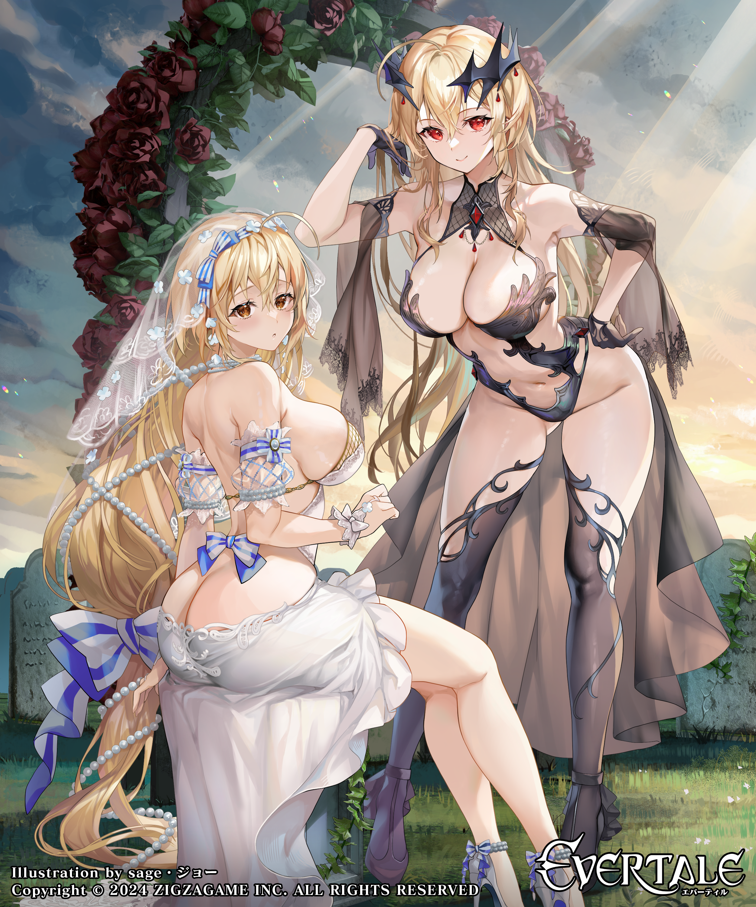 Anime 2500x3000 Evertale women outdoors portrait display cleavage Endless Rizette (Evertale) Rizette (Evertale) sitting two women hands on hips skimpy clothes butt crack looking at viewer blonde red eyes bare shoulders big boobs thigh-highs long hair closed mouth Sage Joh watermarked high heels sideboob