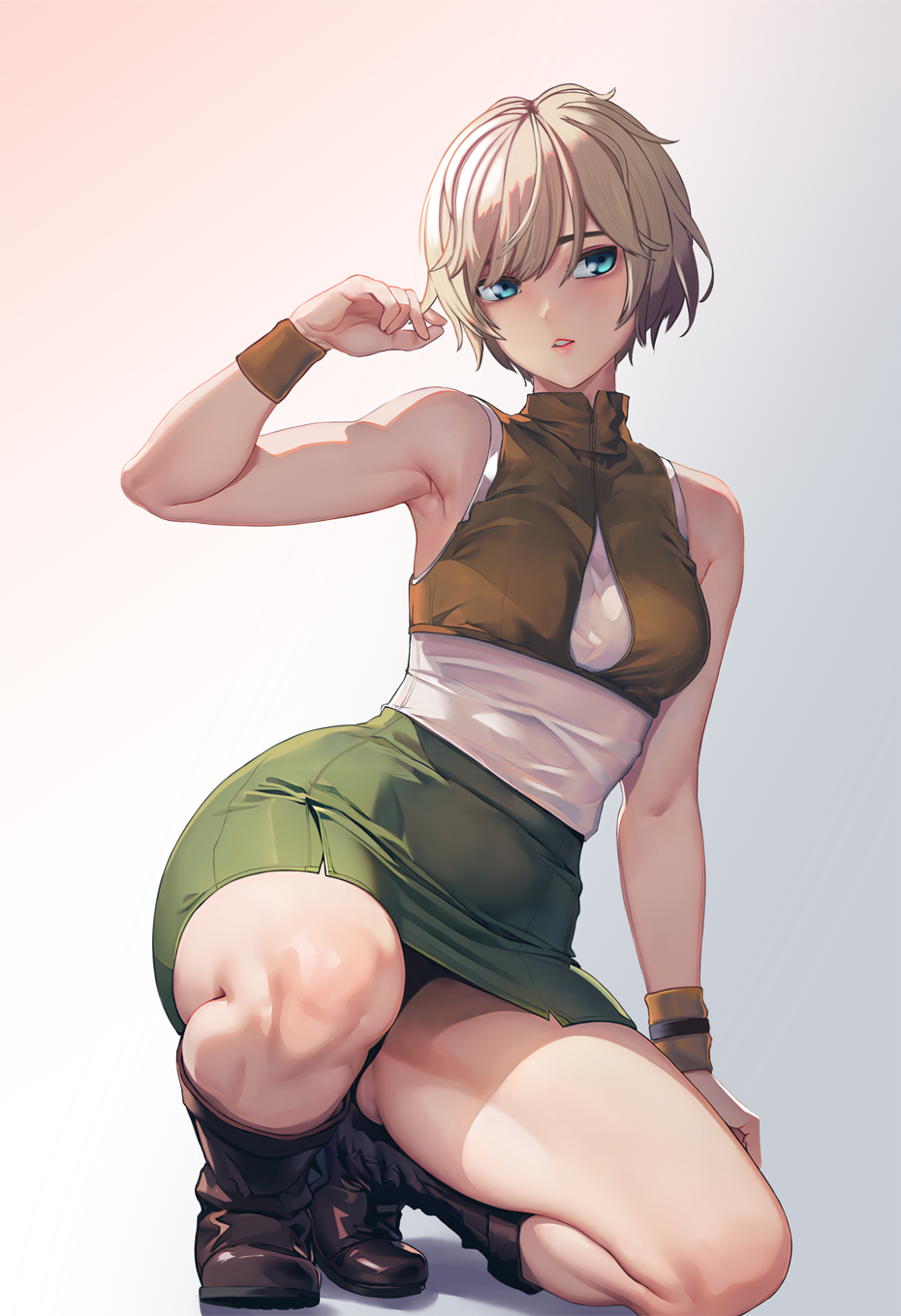 Anime 930x1359 Silent Hill heather mason portrait display short hair blue eyes one arm up looking at viewer boots simple background thighs gradient green miniskirt green skirt squatting video game girls blonde Suzusiron wristband tight clothing miniskirt anime girls bent legs bare shoulders knees