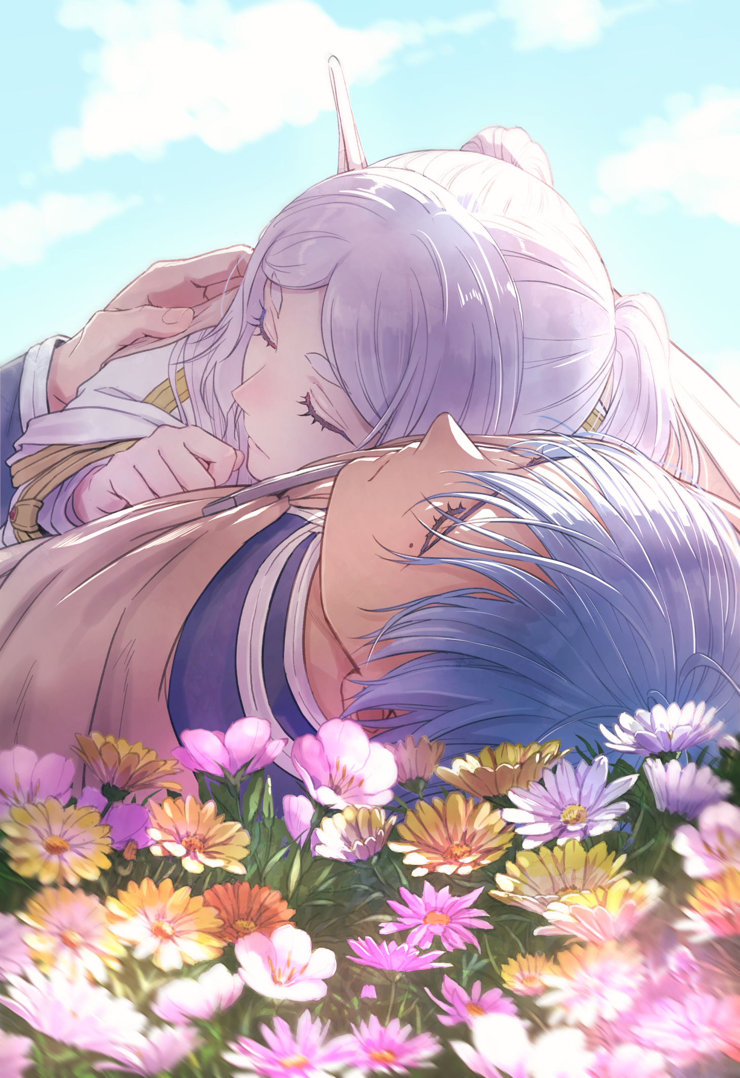 Anime 1459x2126 Sousou No Frieren Frieren portrait display anime girls anime boys closed eyes mole under eye flowers lying down pointy ears Himmel (Sousou no Frieren) twintails white hair Crowdance long hair elves grass sky lying on back sunlight thick eyebrows clouds