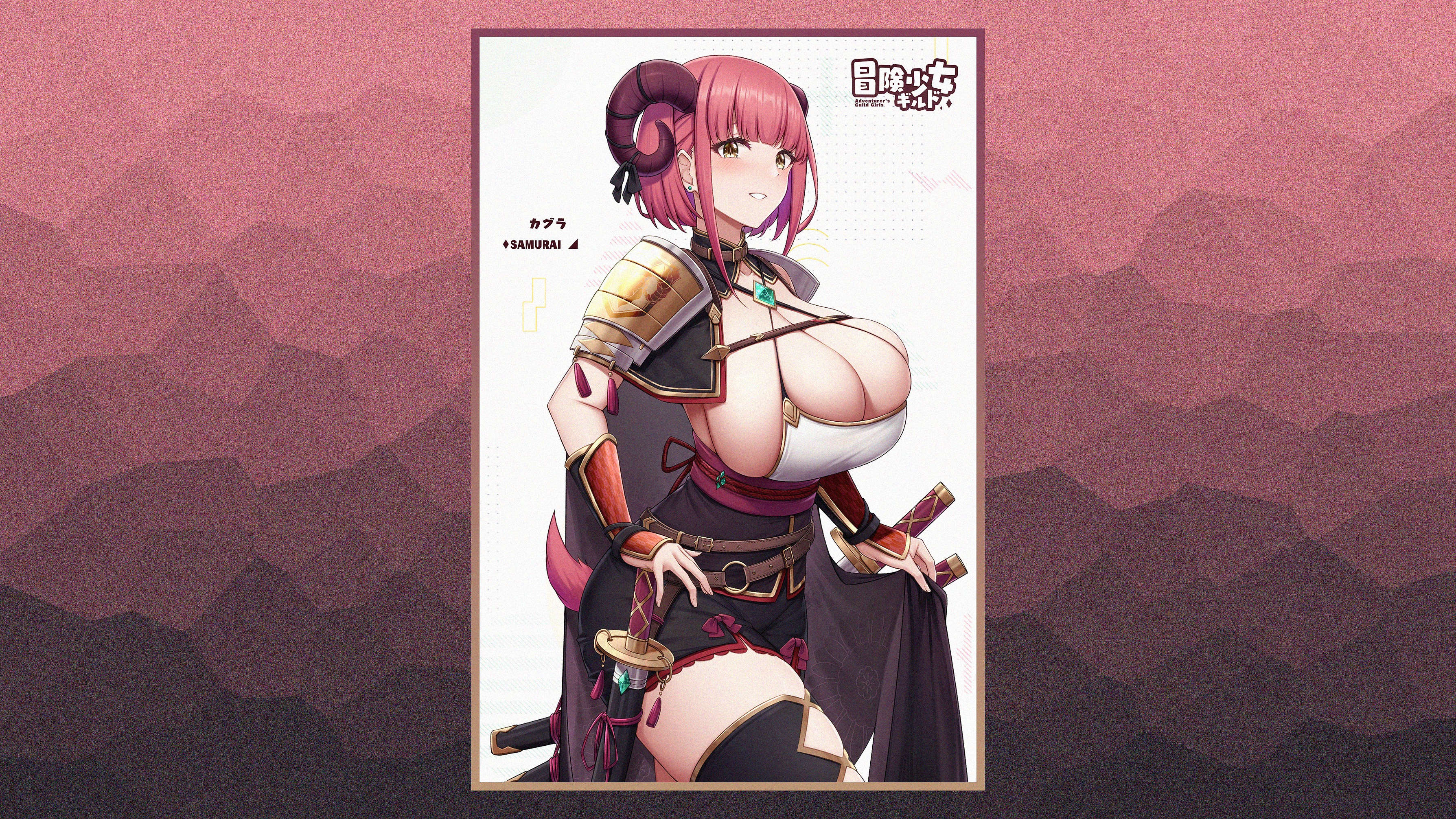 Anime 3577x2012 anime anime girls mature women wide hips thighs ecchi boobs big boobs huge breasts simple background edit mature body minimalism Kannko Bokujou blushing looking at viewer short hair earring lifting clothes tassels parted lips sword women with swords weapon black thigh highs Japanese clothes bangs cape horns tail skindentation thigh-highs