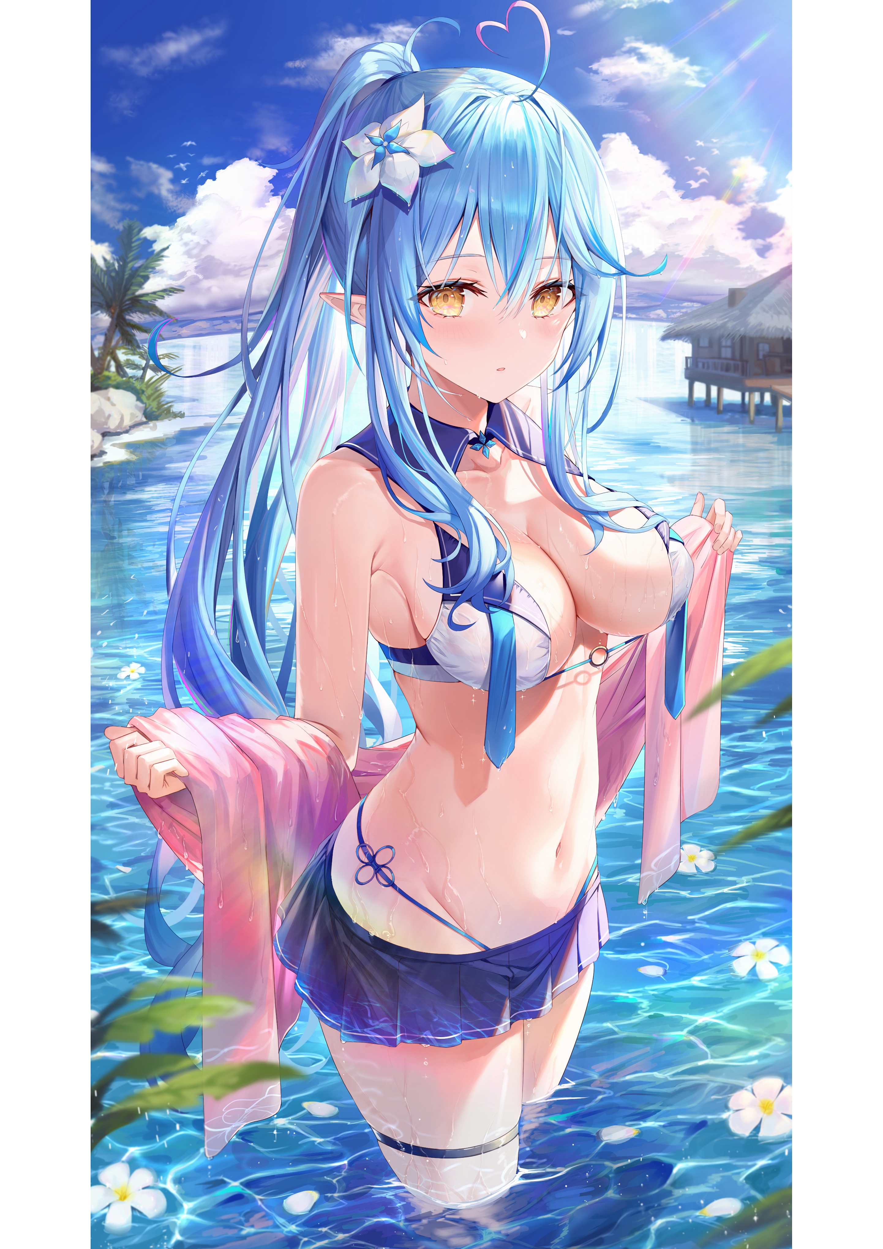 Anime 2884x4080 Yukihana Lamy Hololive water in water blue hair big boobs belly belly button miniskirt thigh high socks wet clothing gold eyes pointy ears Rin Yuu flower in hair sunlight hair between eyes bikini long hair clouds sky bare shoulders collarbone standing in water skirt leaves ahoge skinny flowers anime girls looking at viewer blushing ponytail leg ring wet wet body frills yellow eyes parted lips