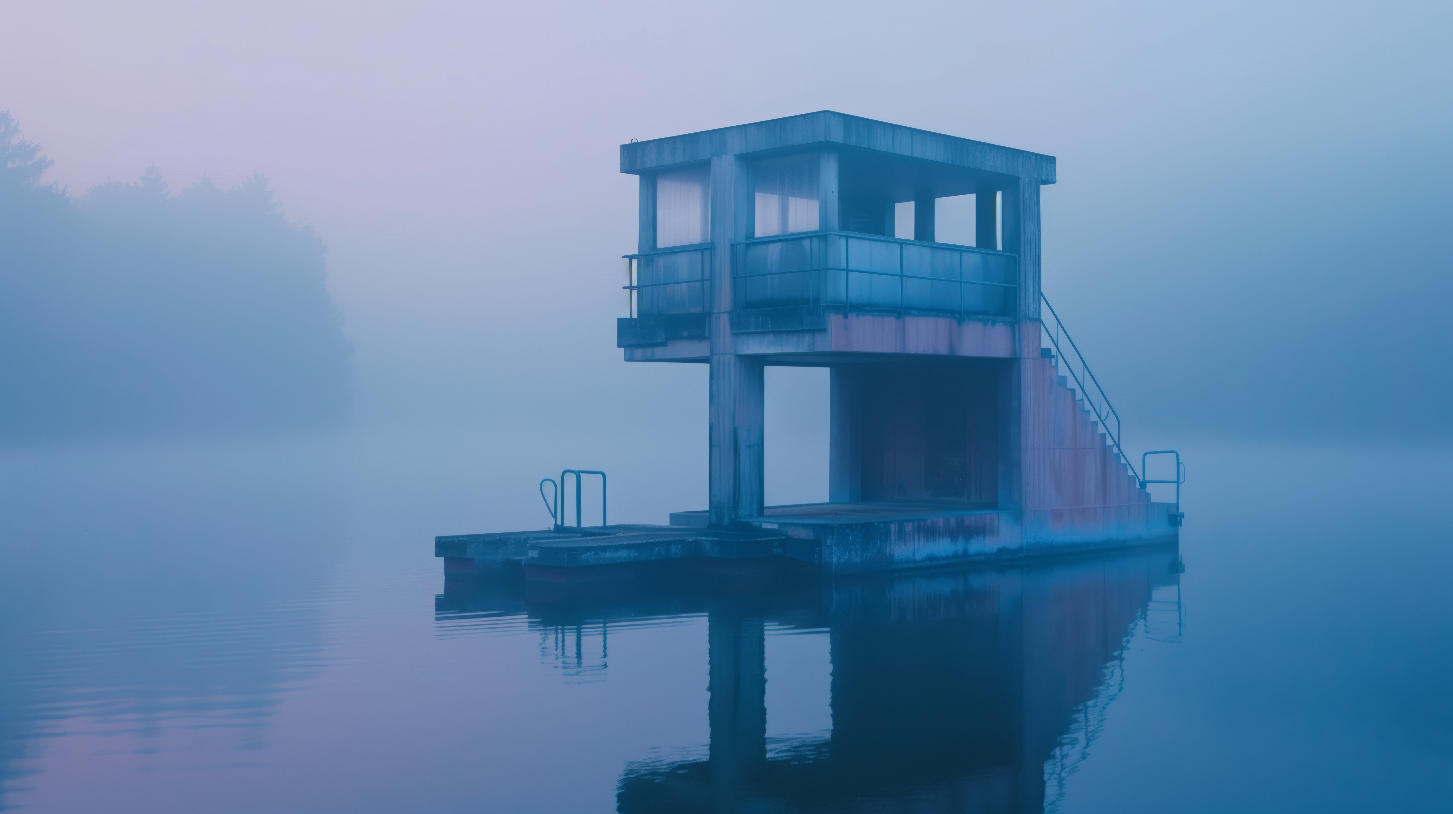 General 5824x3264 AI art Brutalism fog lake blue abandoned
