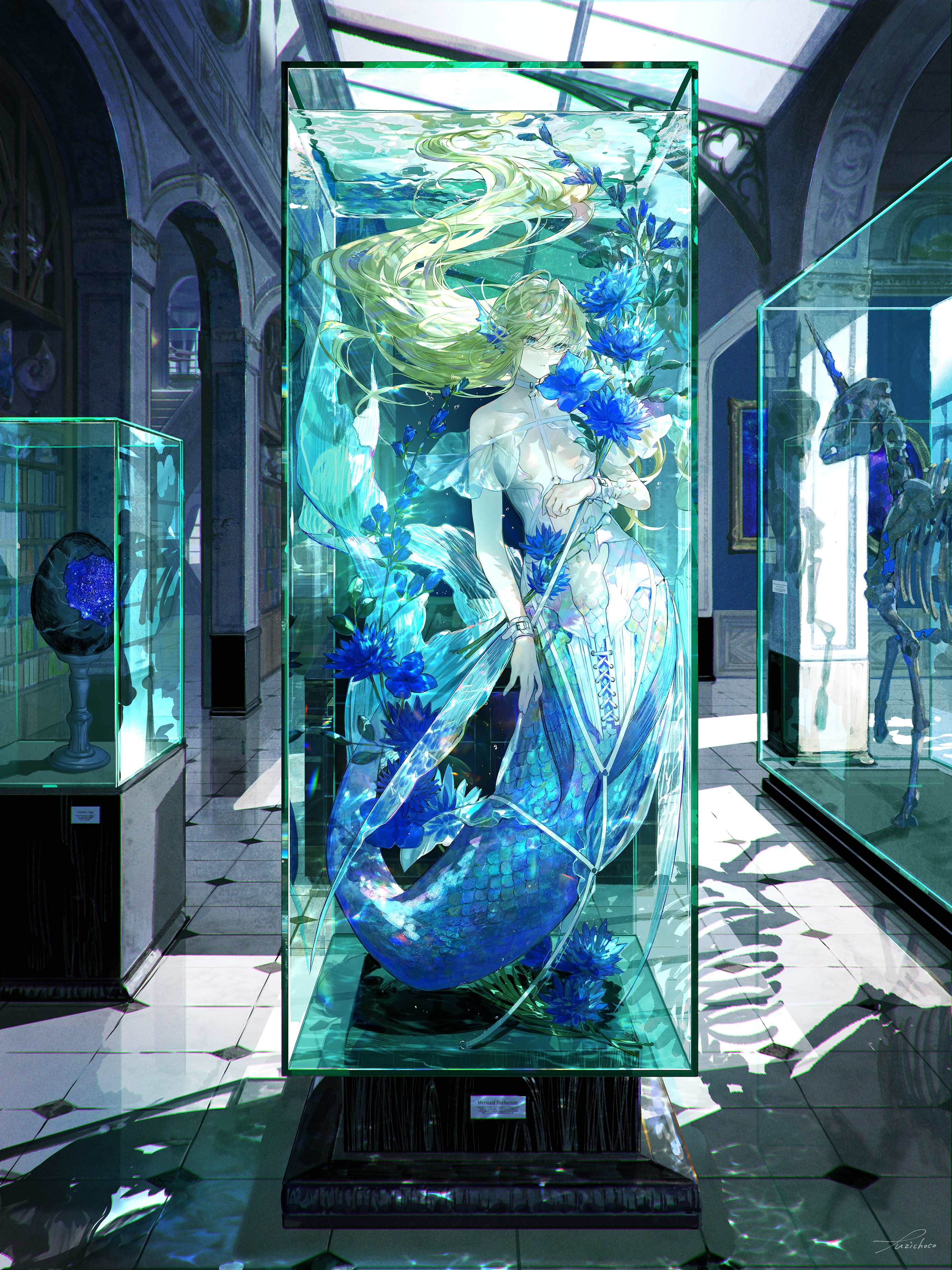 Anime 2775x3700 Fuji Choko anime anime girls Pixiv mermaids scales flowers museum portrait display skeleton hair in face in water underwater parted lips wrist cuffs handcuffed blue eyes blonde original characters water fish tank picture frames dress skinny frills arch plants unicorn dahlias