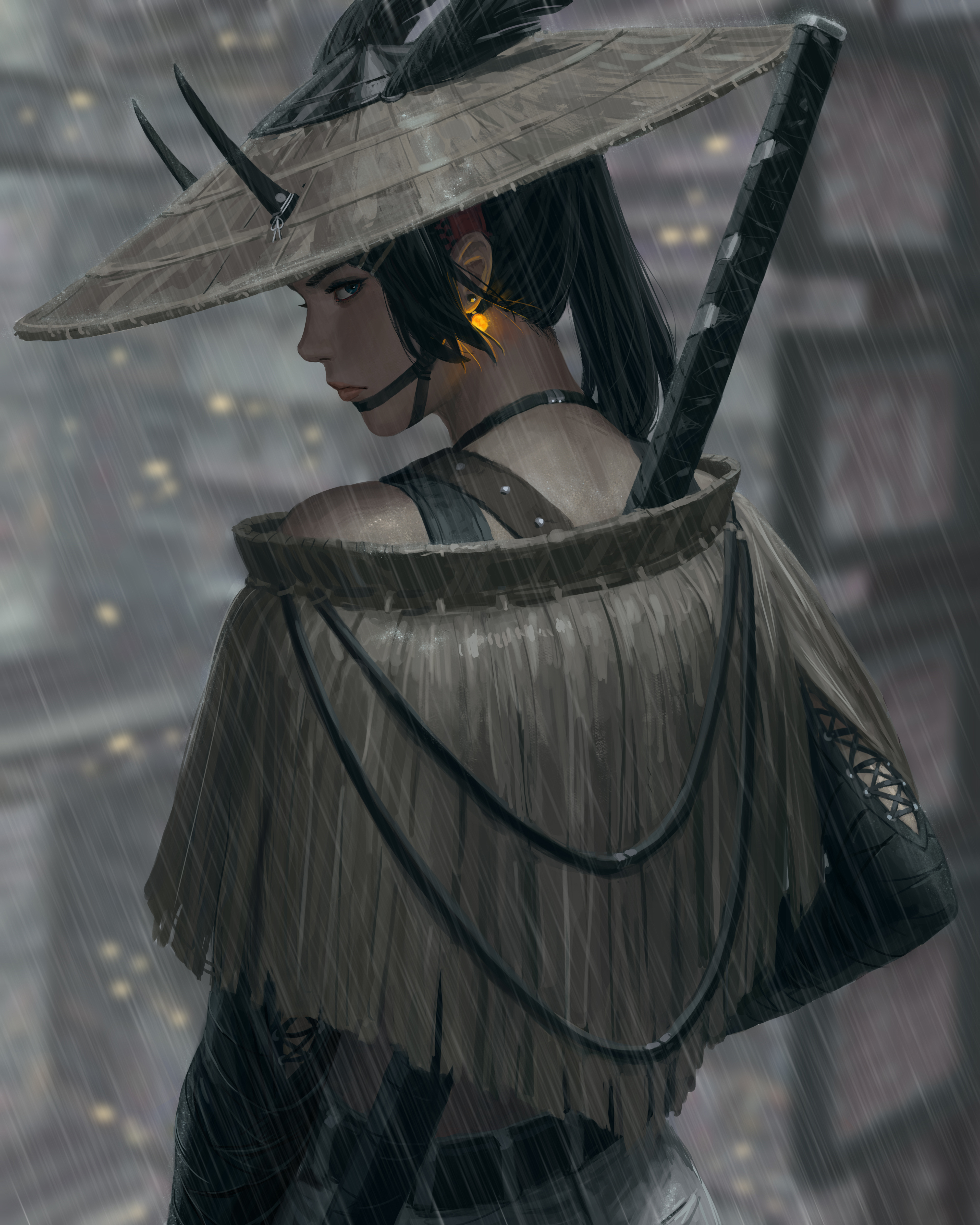 General 4000x5000 GUWEIZ original characters women fictional character 2D artwork drawing fantasy girl katana hat horns samurai rain
