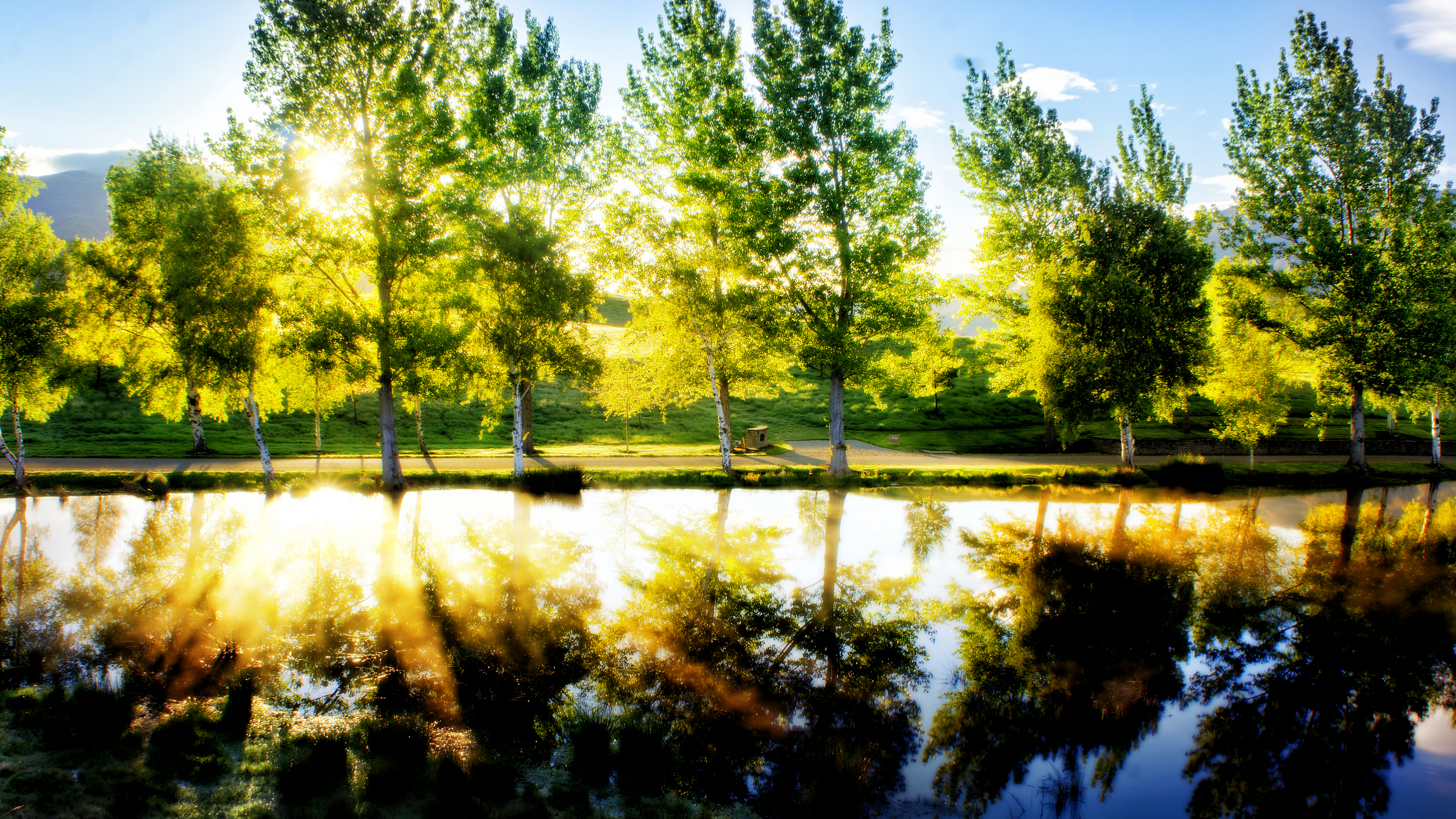 General 3840x2160 landscape water nature trees sunlight