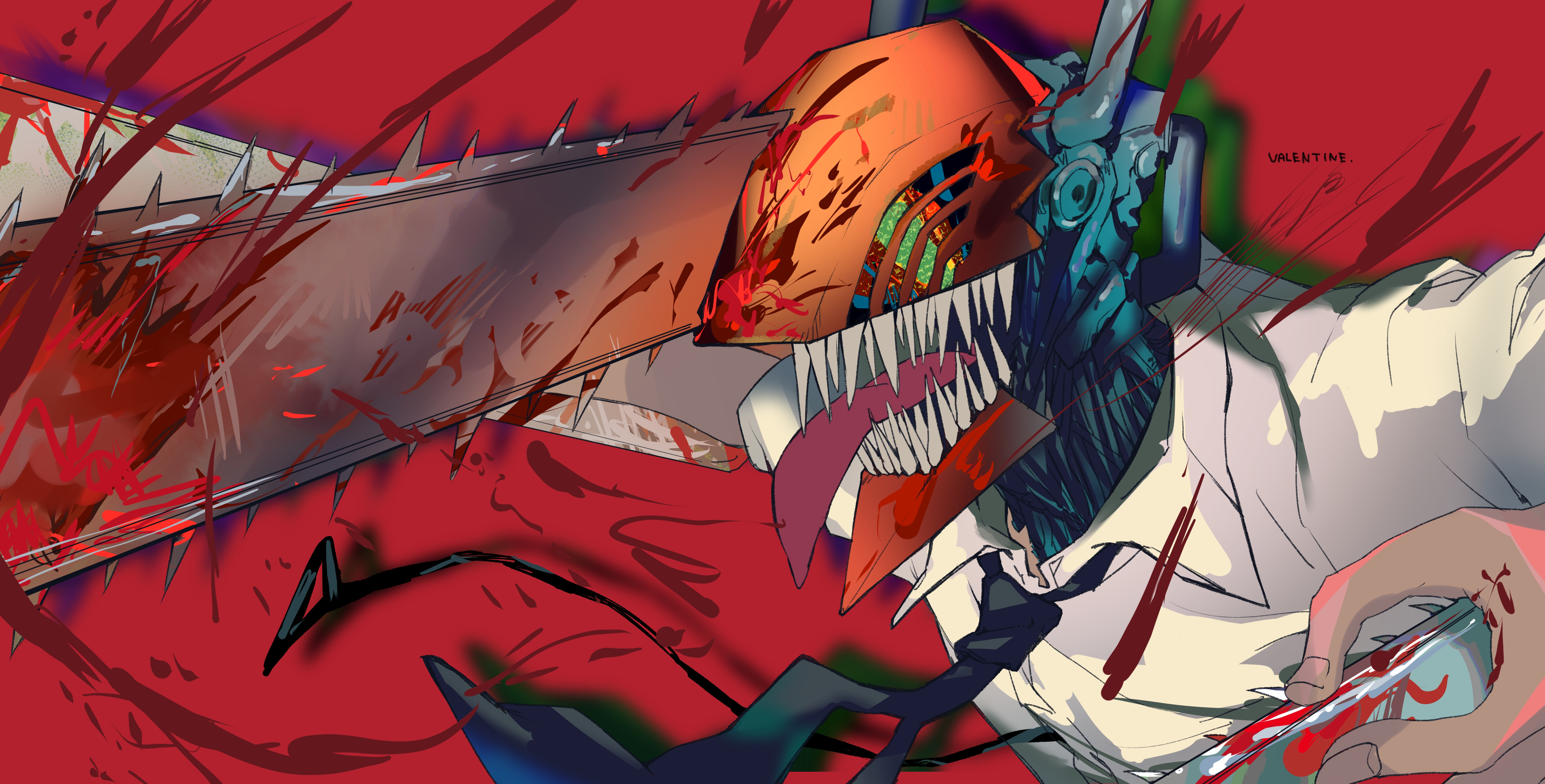 Anime 4529x2300 Chainsaw Man Denji (Chainsaw Man) chainsaws blood blood covered body red background anime boys anime