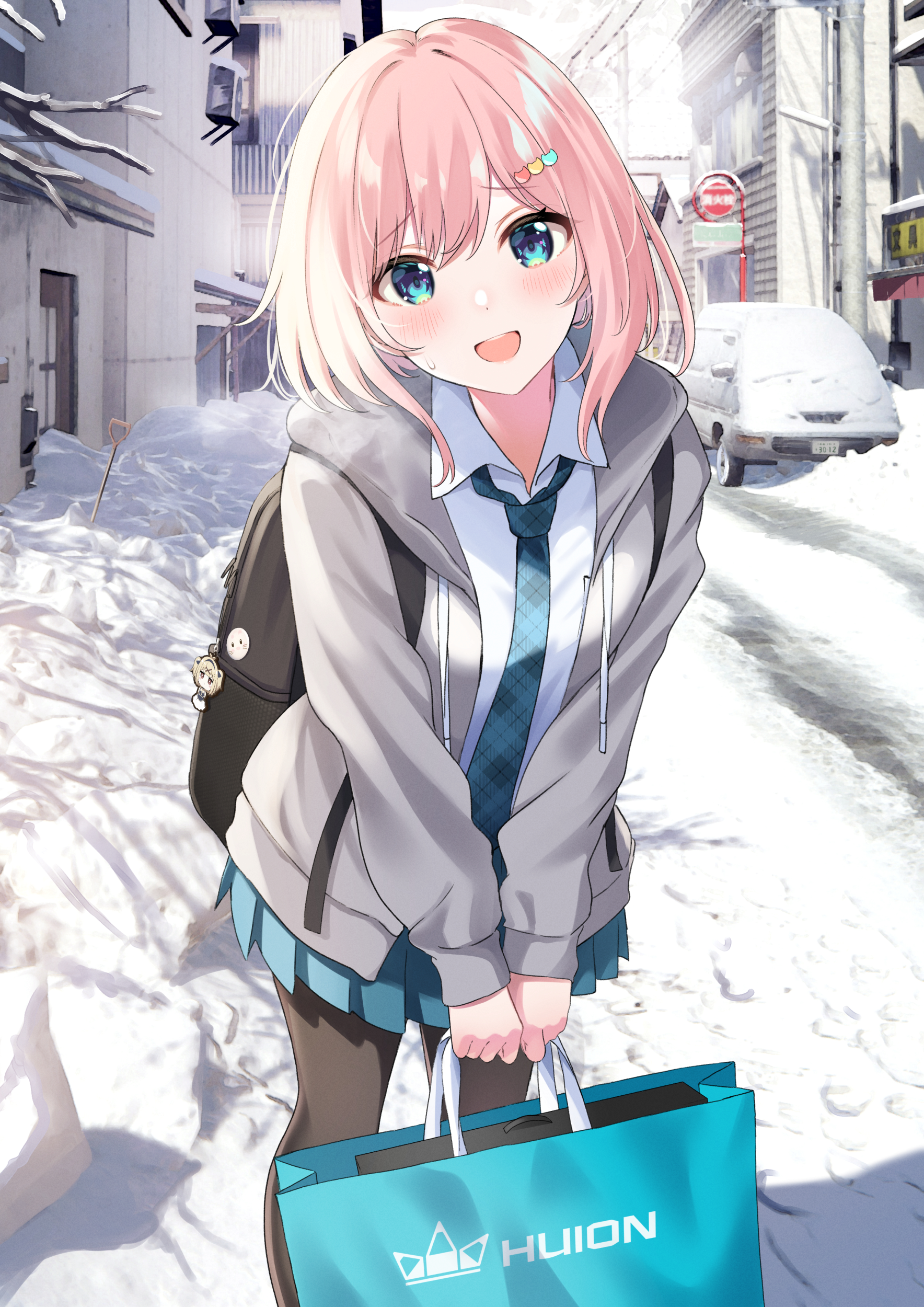 Anime 1768x2500 anime anime girls schoolgirl school uniform pink hair blue eyes snow car blushing backpacks shopping bags