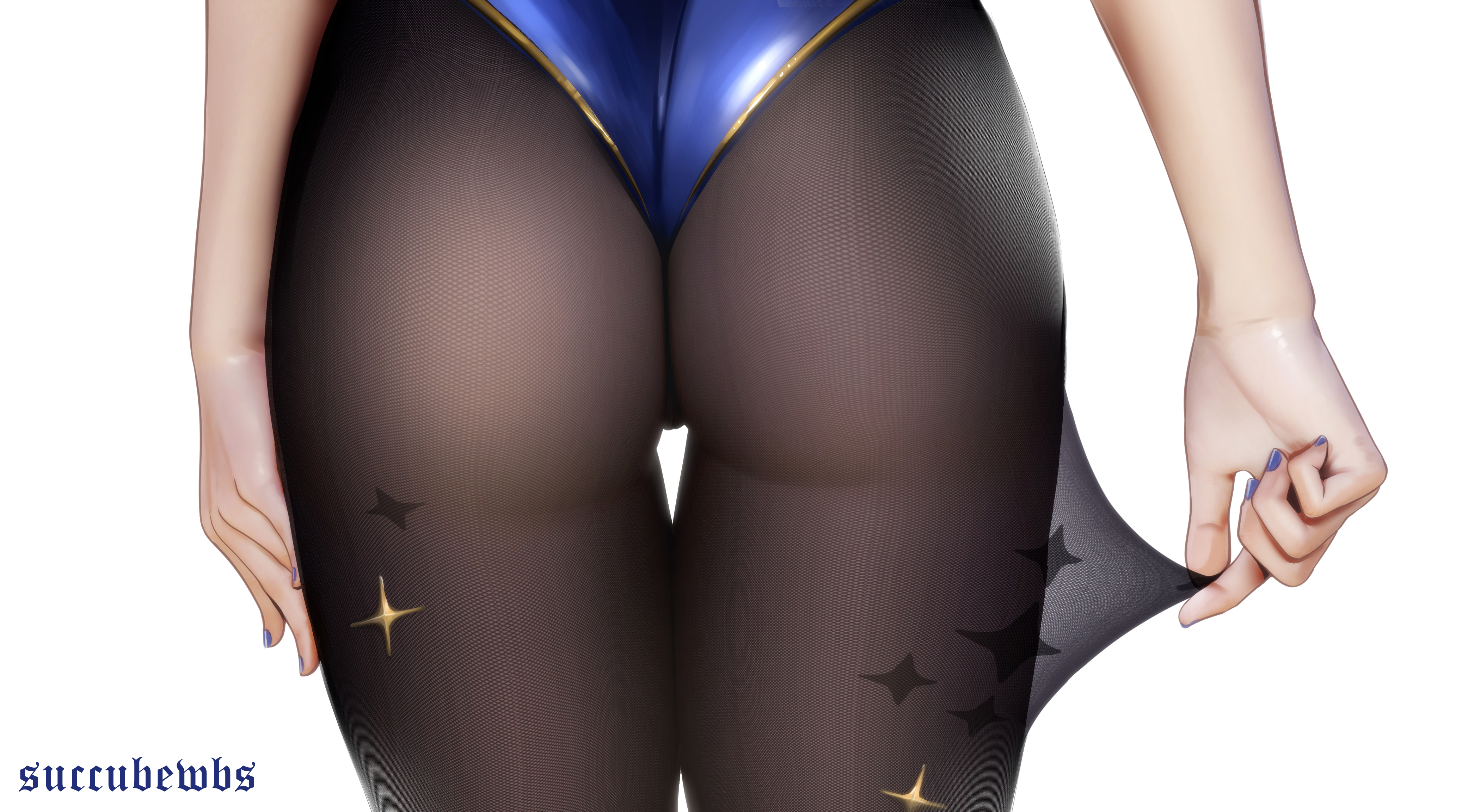 Anime 4165x2305 ass black stockings Mona (Genshin Impact) succubewbs blue nails rear view pulling clothing Genshin Impact anime girls