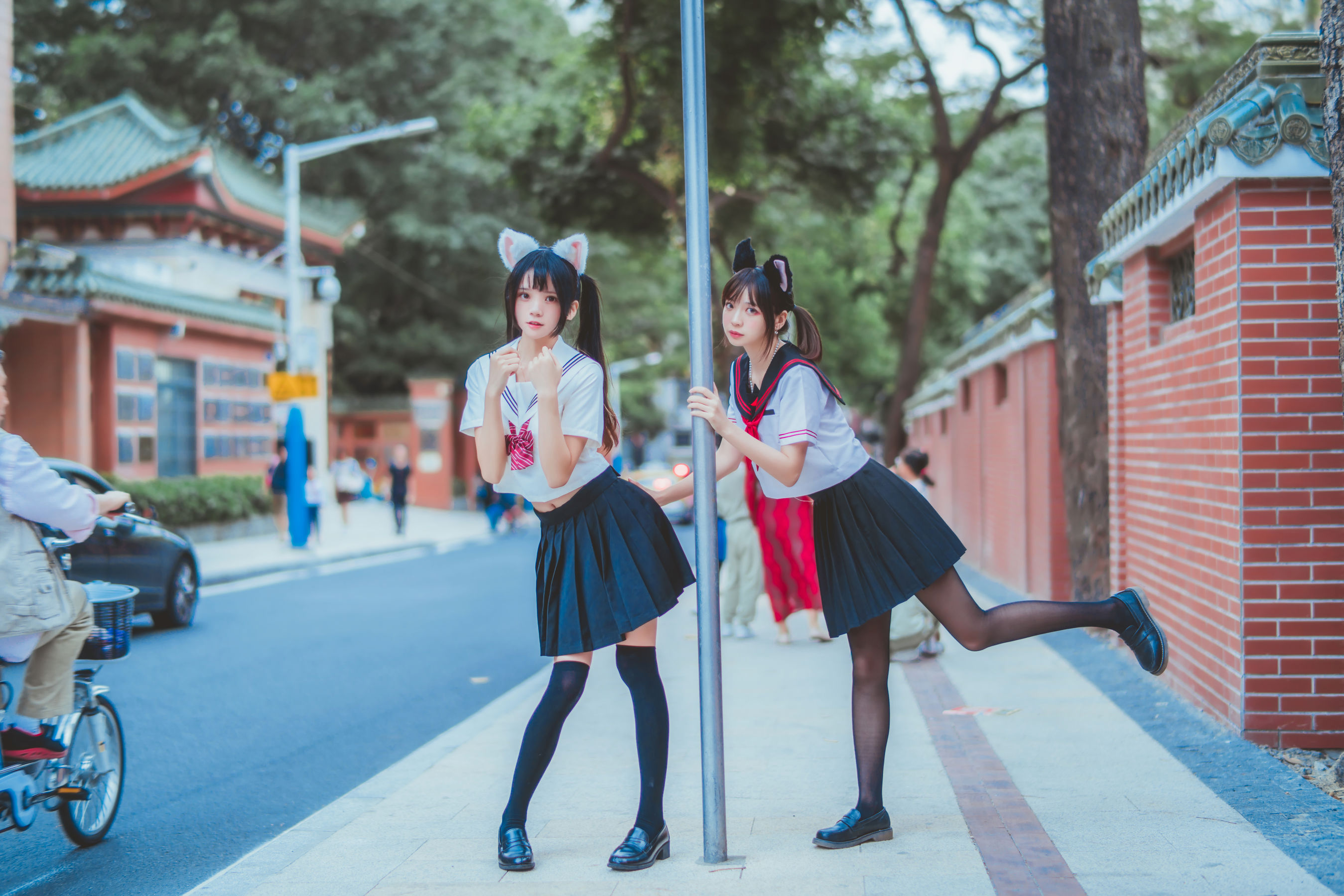 People 2698x1800 CherryNeko women model women outdoors Asian two women cat ears school uniform urban twintails Feng Mao