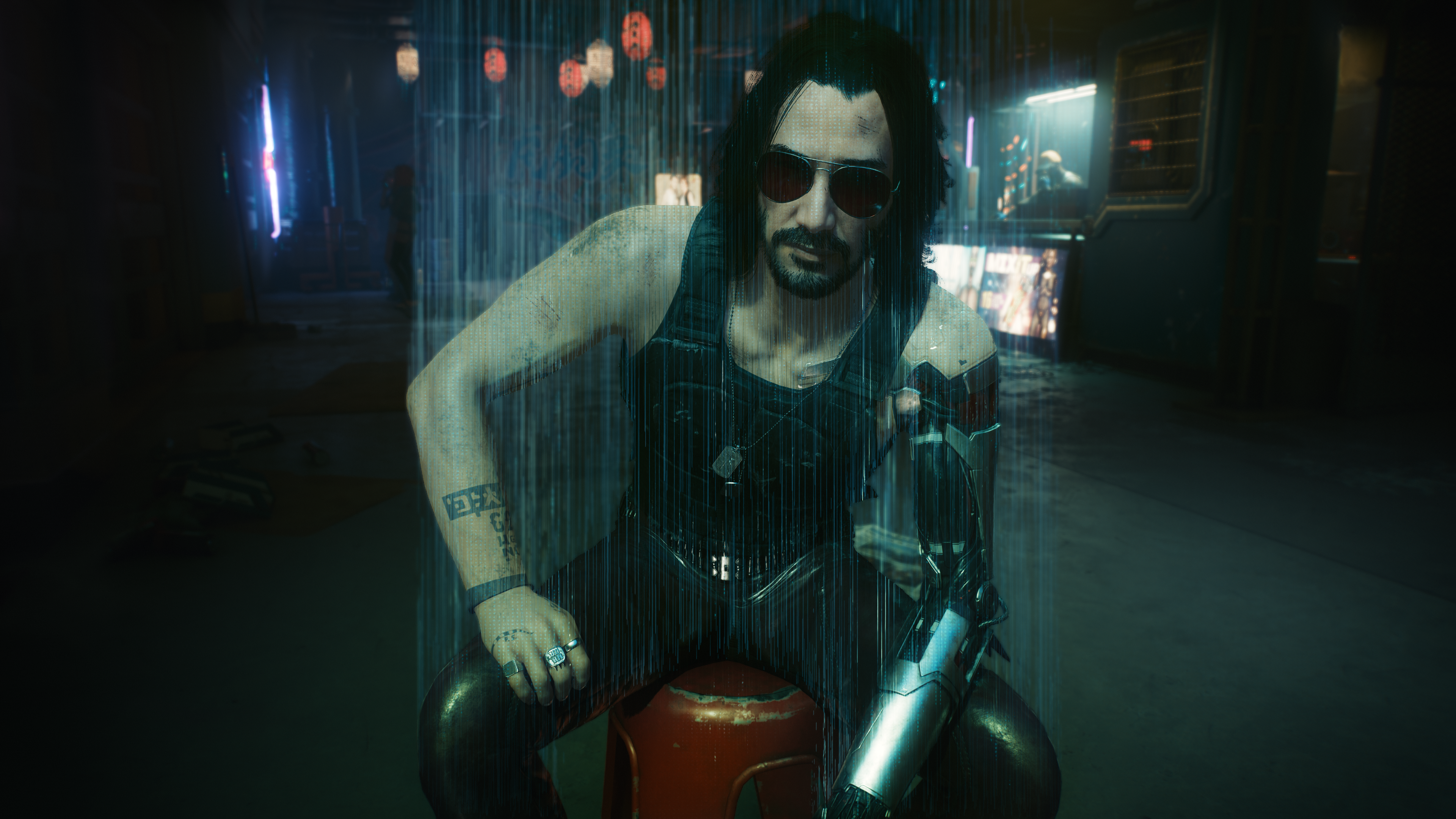 General 3840x2160 Cyberpunk 2077 Johnny Silverhand video game characters Keanu Reeves frontal view sitting CGI video games rain CD Projekt RED