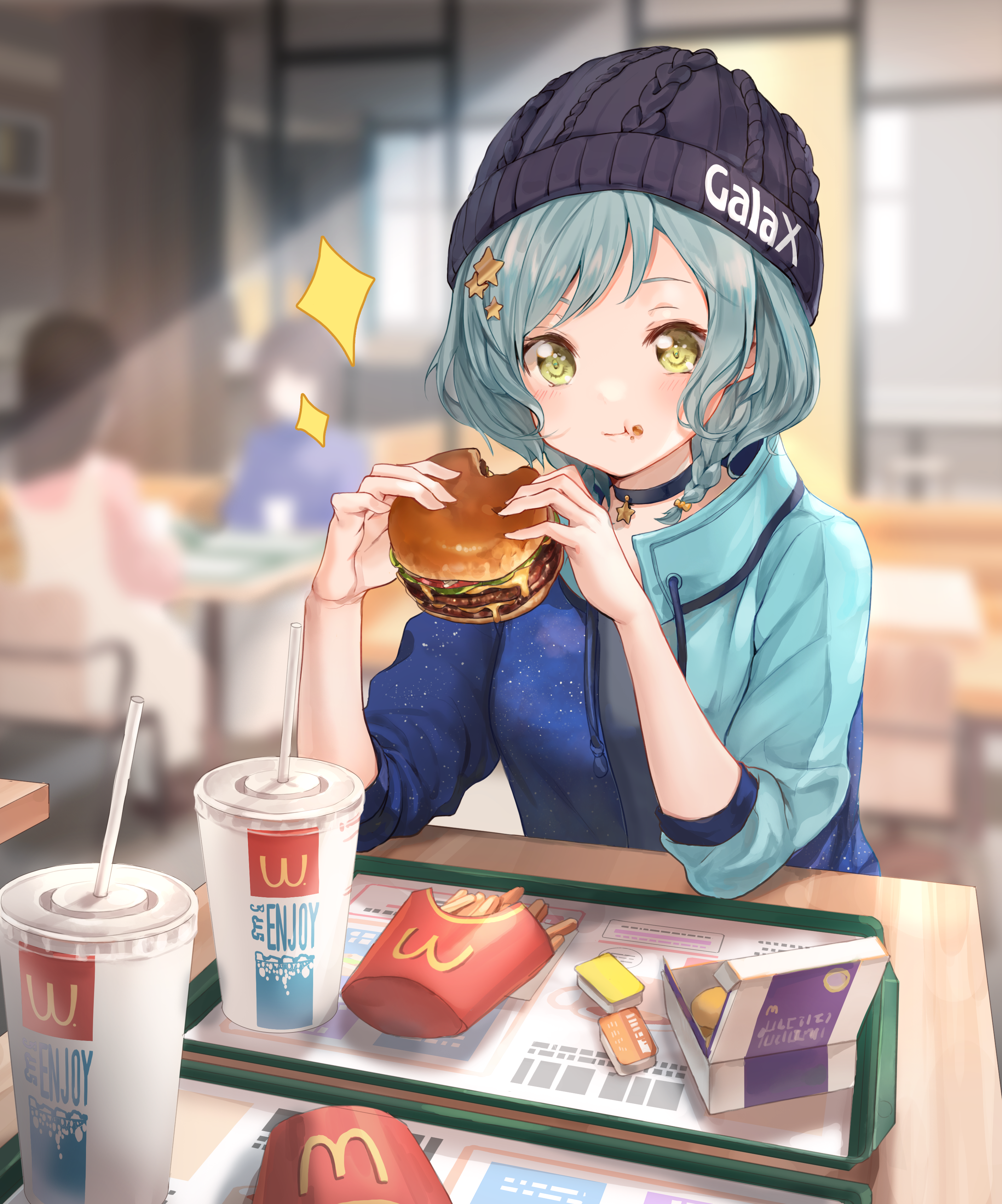 Anime 2832x3403 anime anime girls portrait display burgers food eating anime girls eating McDonald's hat fries drink stars choker blue hair green eyes fast food