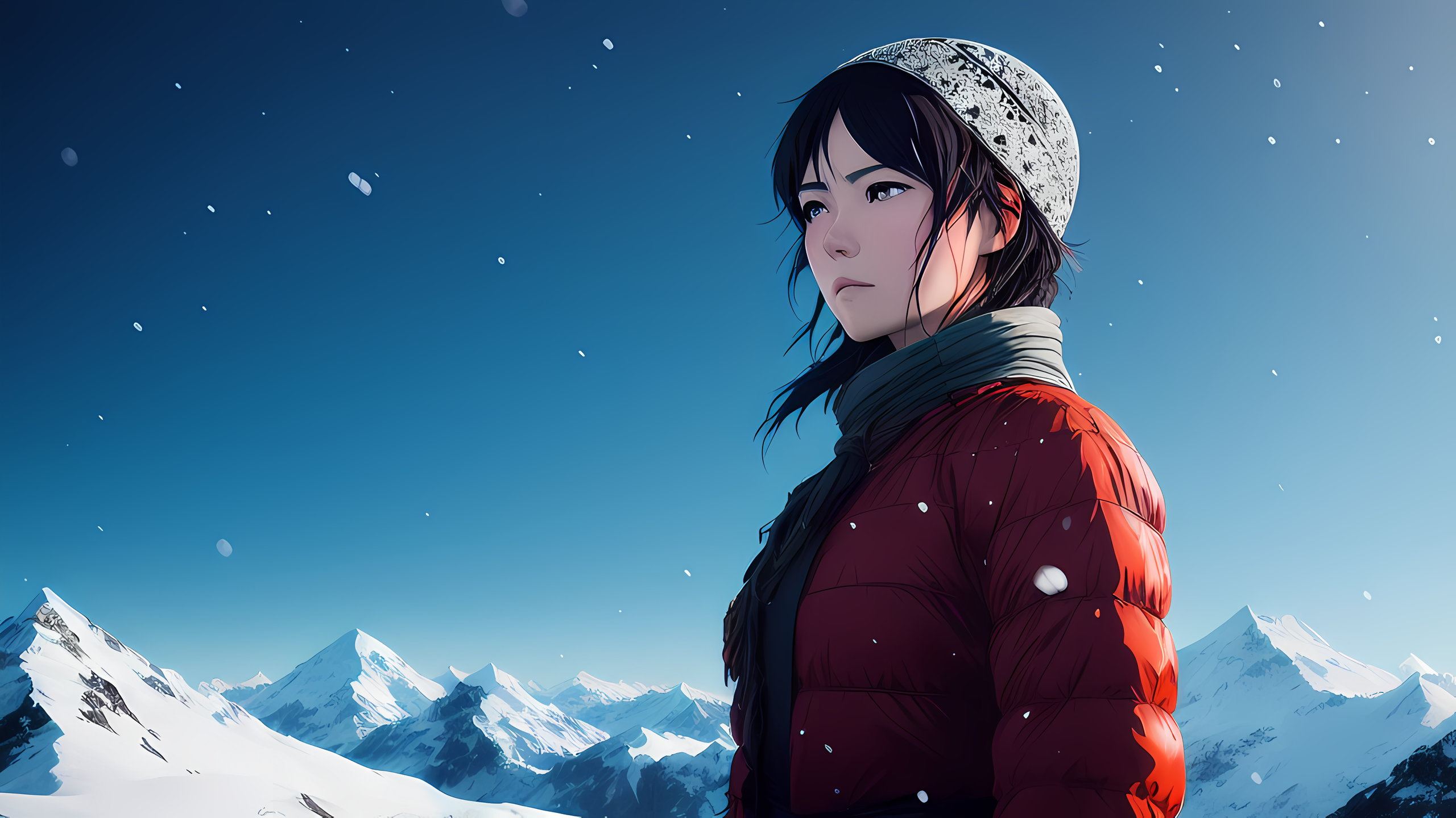 Anime 2560x1440 anime girls Stable Diffusion snow hat scarf mountains coats AI art
