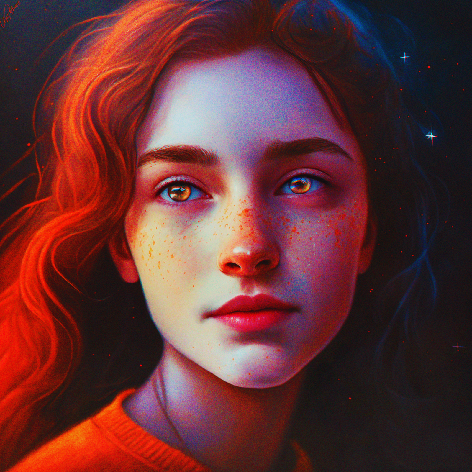 General 1600x1600 women warm colors illustration drawing portrait freckles redhead closeup digital art