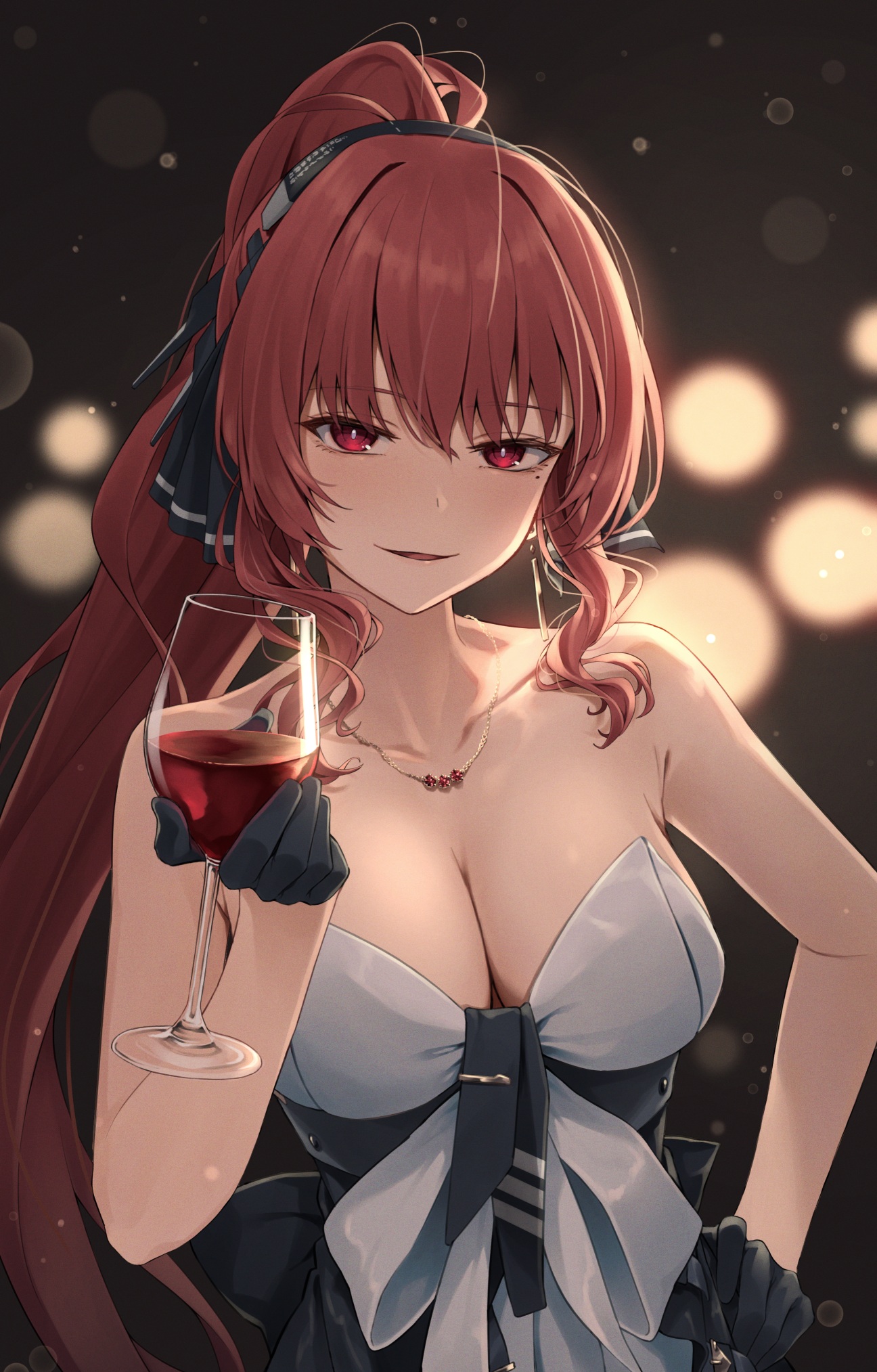 Anime 1296x2027 anime anime girls portrait display redhead red eyes ponytail wine wine glass gloves cleavage big boobs dress necklace Pixiv