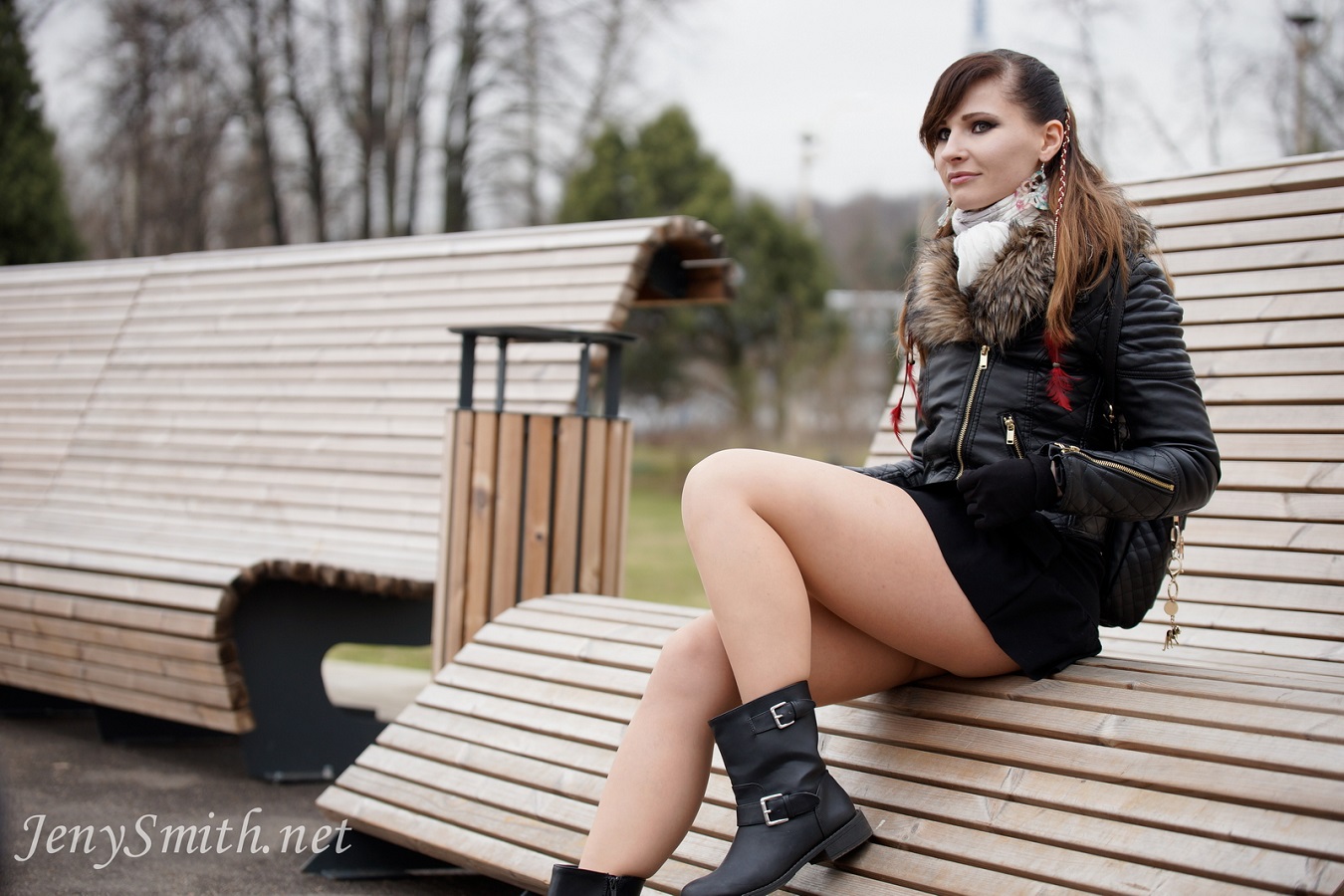 People 1350x900 Jeny Smith model brunette public jacket women black jackets fur zipper on bench black boots outdoors