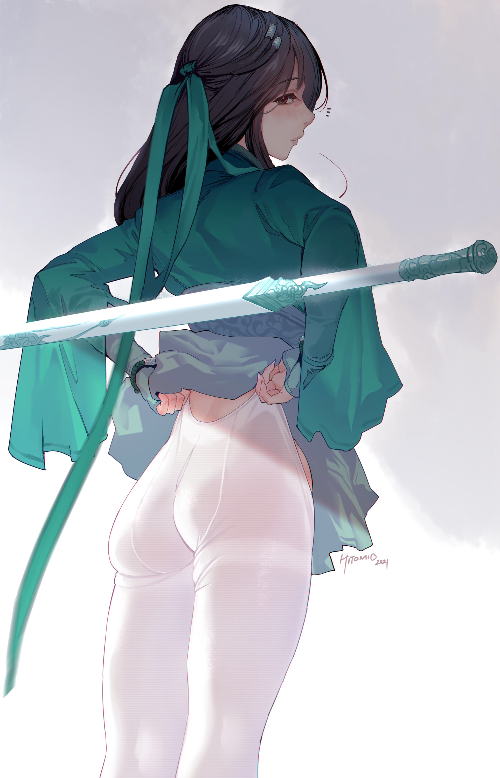 Anime 1928x3000 anime anime girls ass pantyhose white pantyhose blushing green ribbon pulling clothing green dress sword back rear view small ass looking back Hitomio portrait display looking at viewer