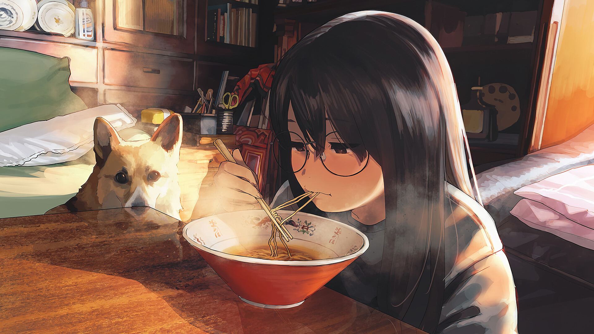 Anime 1920x1080 anime girls in bedroom blushing dog Corgi long hair dark hair anime girls eating noodles