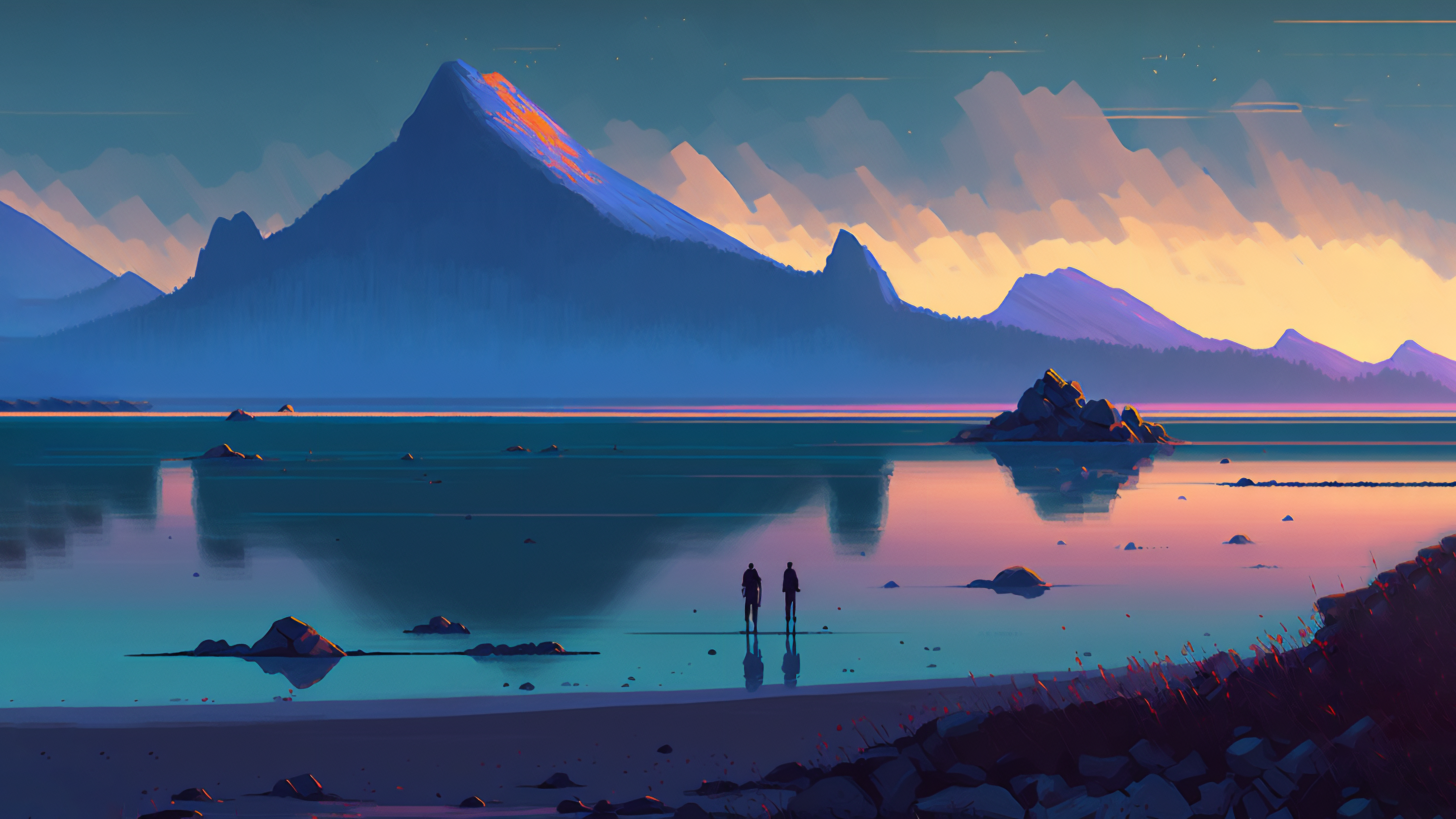 General 3640x2048 AI art mountains illustration couple lake water reflection