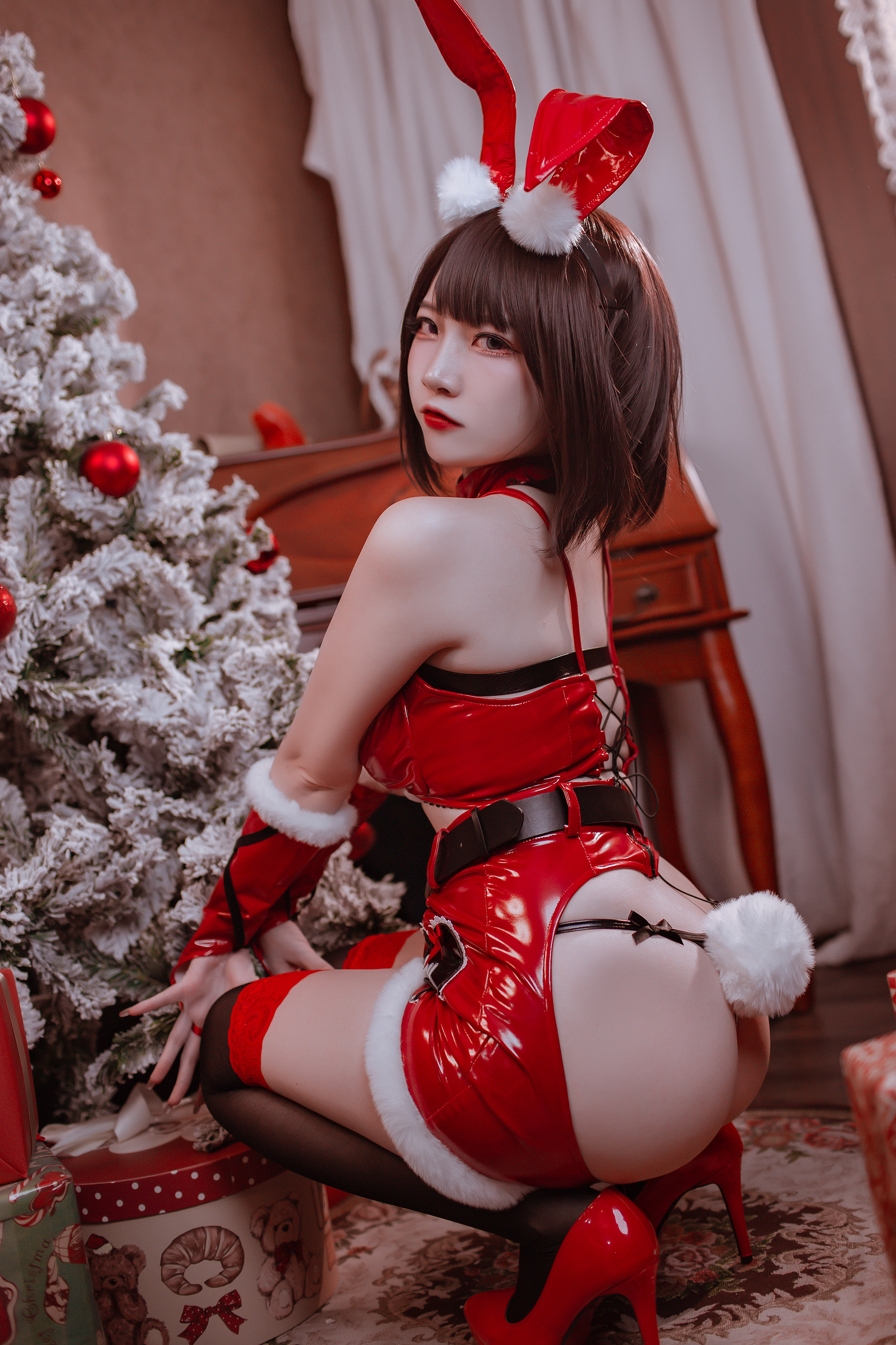 People 2000x3000 Erzuo Nisa women model Asian cosplay bunny girl Christmas clothes Christmas women indoors stockings high heels