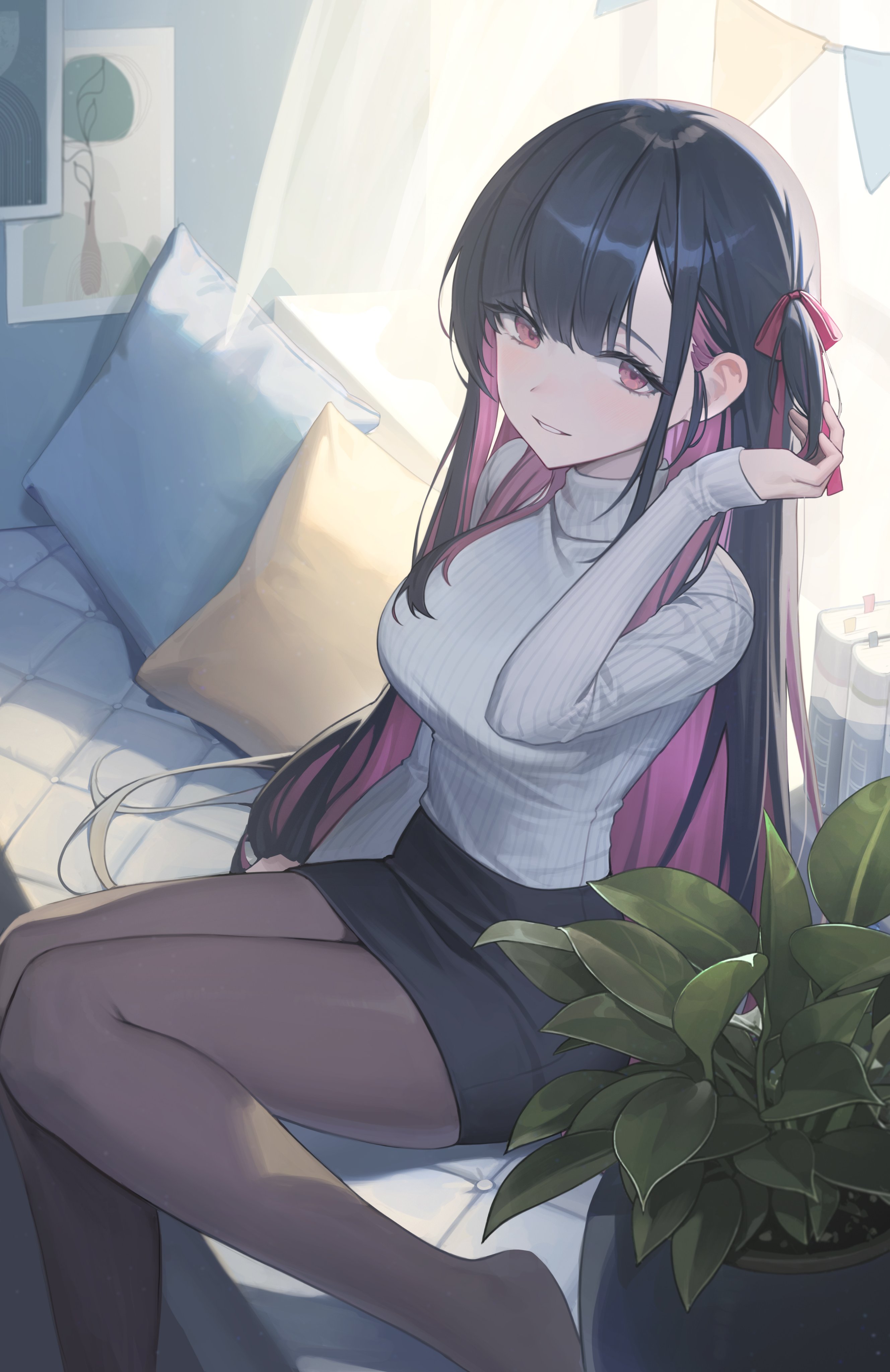Anime 2657x4096 anime anime girls two tone hair leaves long hair plants portrait display smiling looking at viewer pillow sitting couch sunlight
