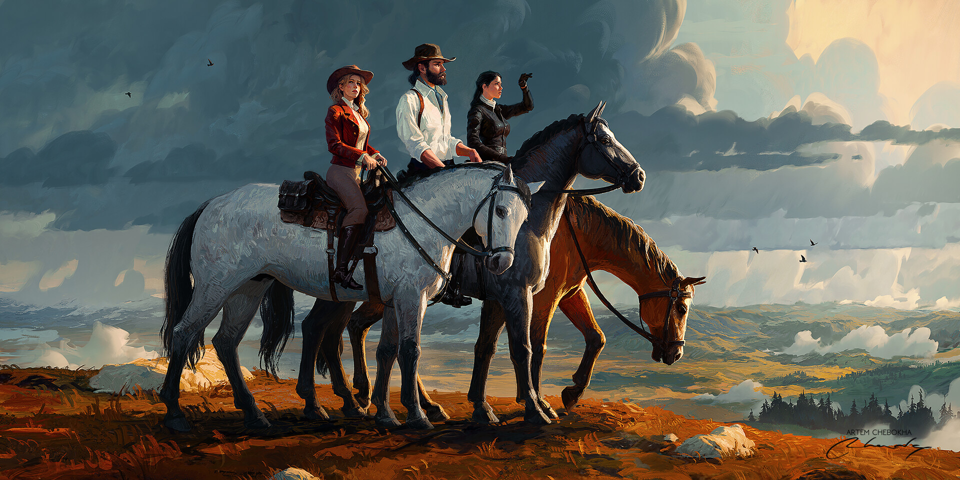General 1920x960 artwork digital art horse clouds cowboy cowgirl horseback hat Artem Chebokha