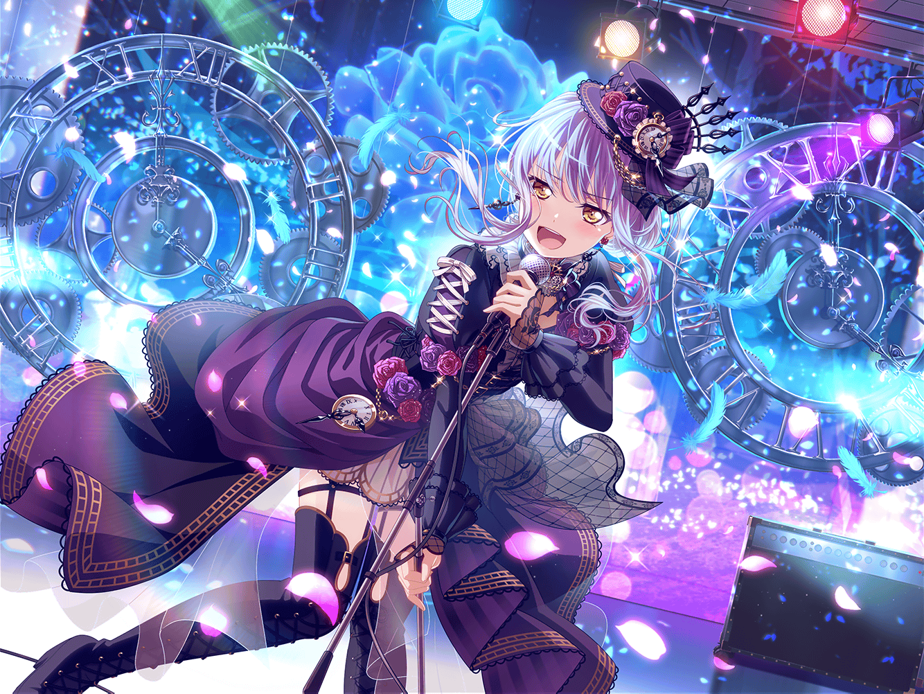 Anime 1334x1002 BanG Dream! minato yukina anime anime girls open mouth looking at viewer long hair Roman numerals clocks standing women with hats hat long sleeves petals microphone earring black thigh highs thigh-highs pocket watch time feathers dress singing stage light lights sparkles