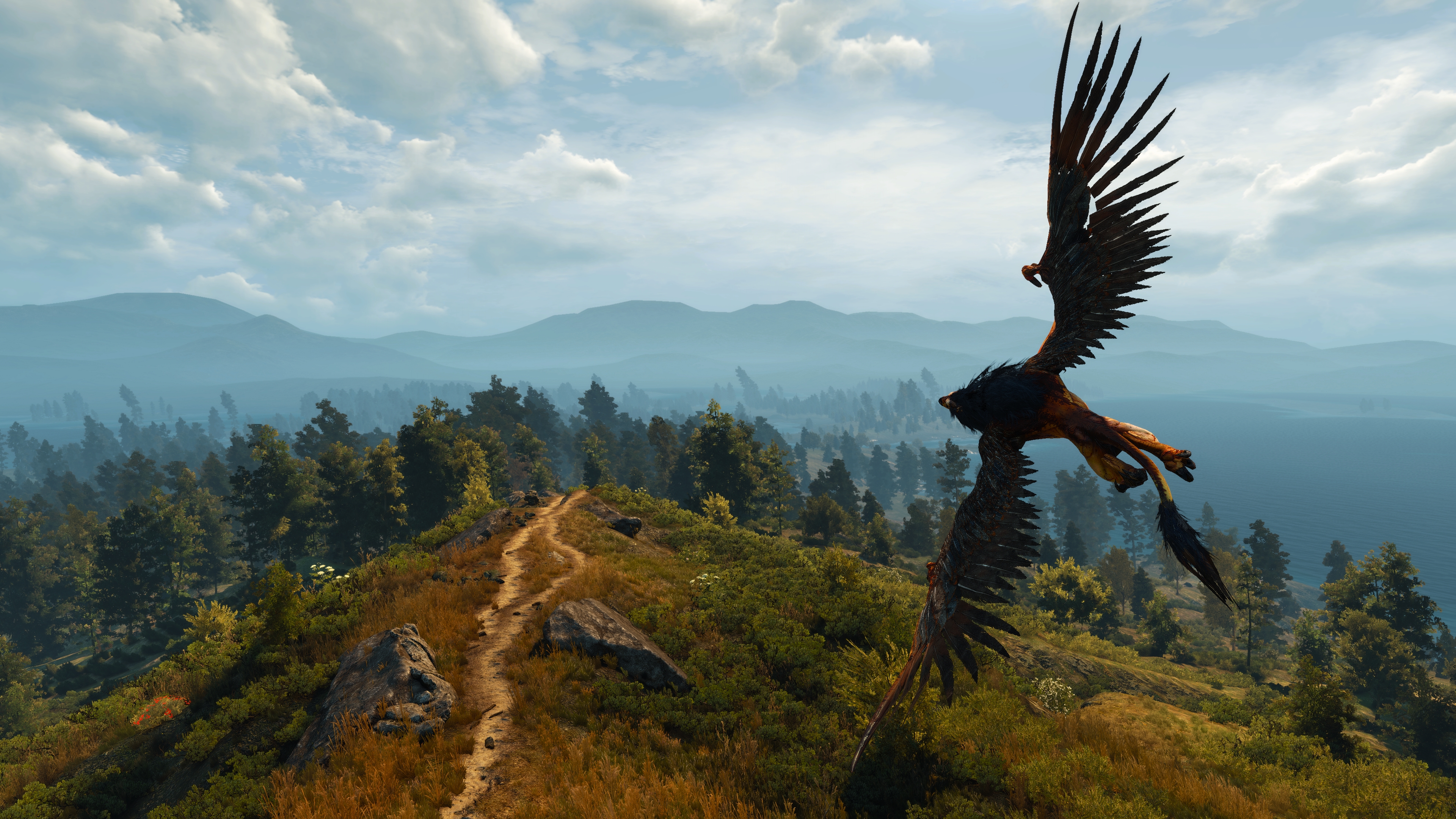 General 3840x2160 The Witcher 3: Wild Hunt screen shot PC gaming griffon creature sky video game art clouds Video Game Creatures CGI landscape nature wings flying trees path mountains