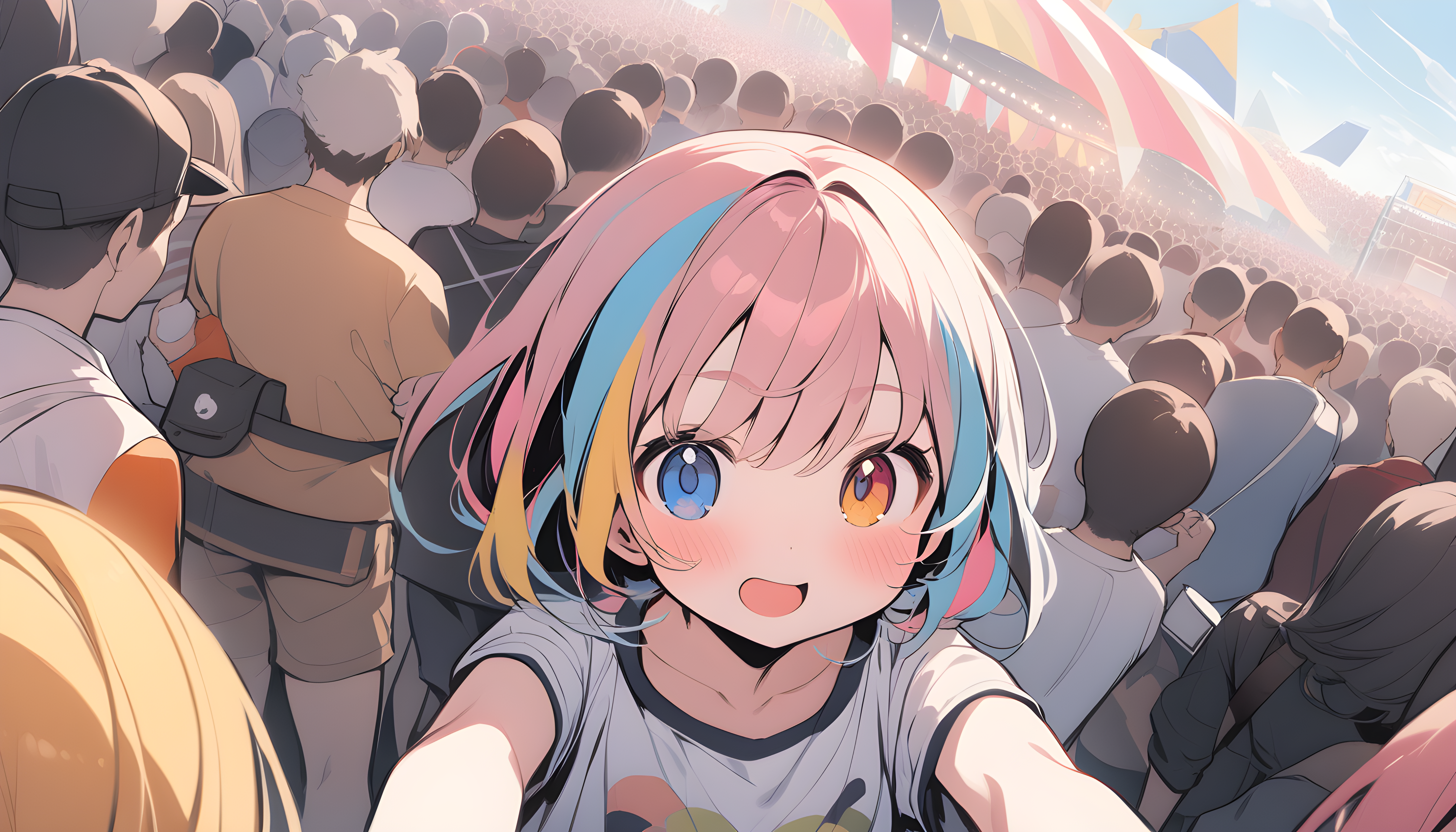 Anime 5376x3072 AI art heterochromia holding camera loli crowds open mouth anime girls short hair short sleeves collarbone sunlight natural light multi-colored hair clouds people looking at viewer POV