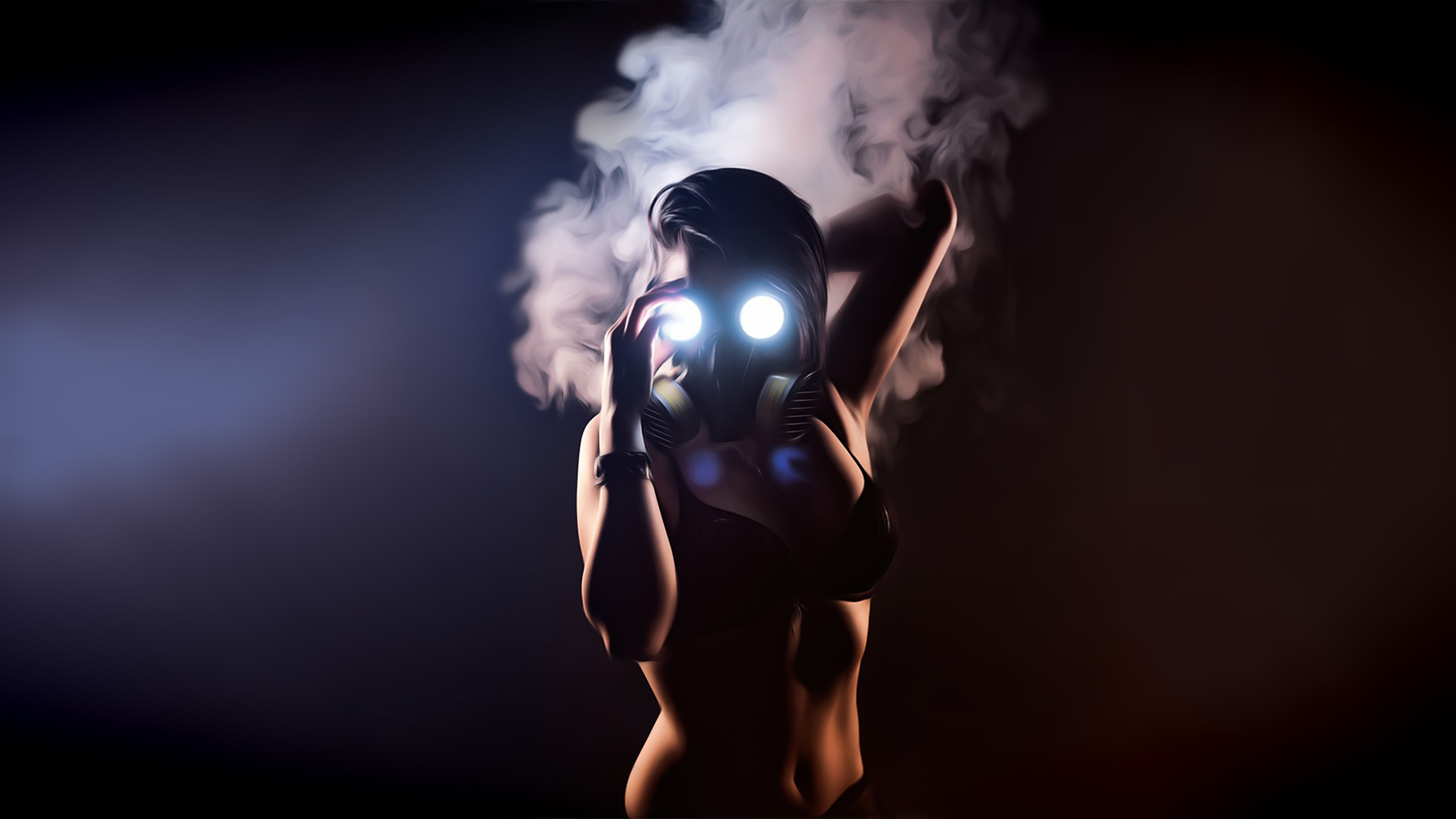 General 3840x2160 gas masks cannabis simple background women low light one arm up armpits smoke skinny black bras bra