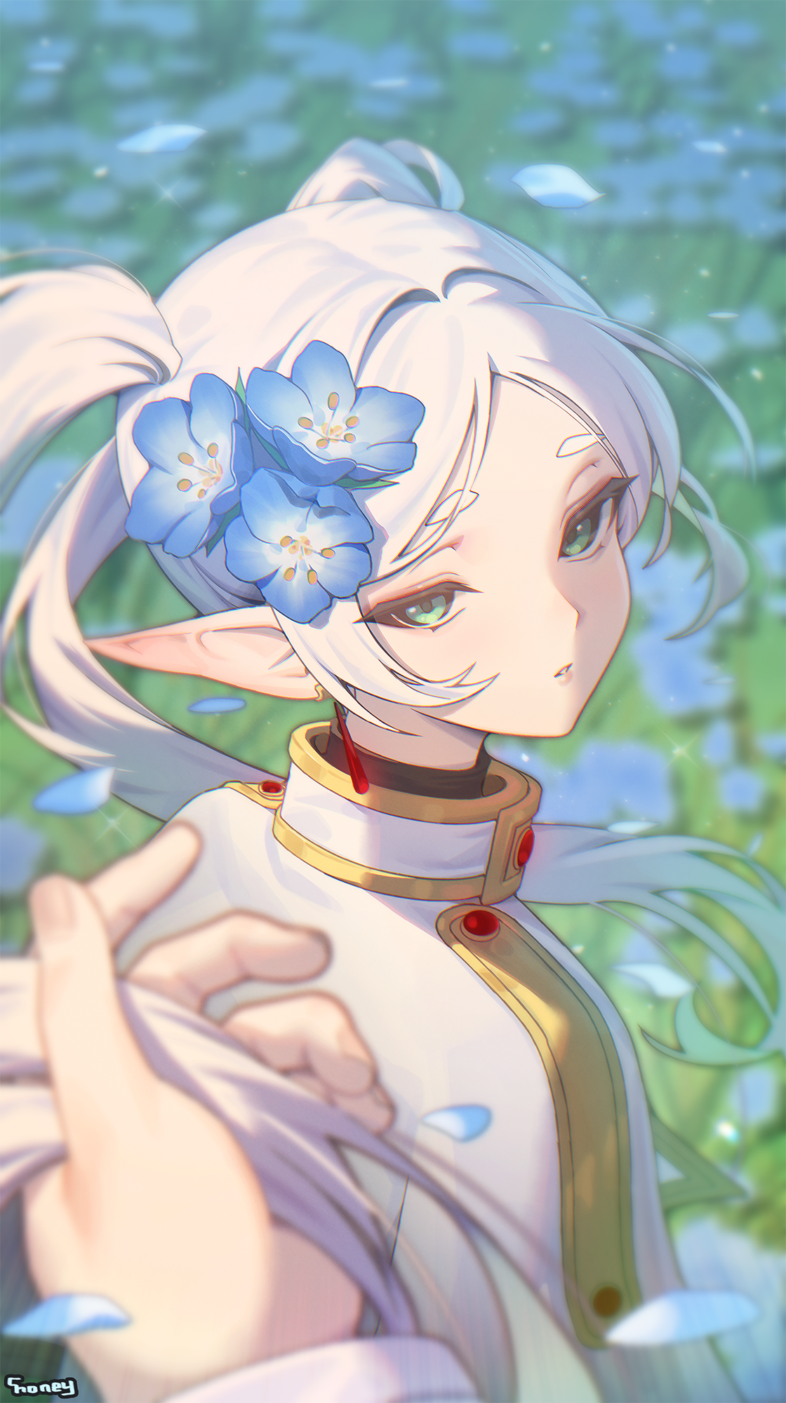 Anime 1120x2000 Sousou No Frieren flowers blue flowers smiling Choney closed mouth signature anime girls Frieren looking back flower in hair petals twintails capelet green eyes white hair looking at viewer windy portrait display anime