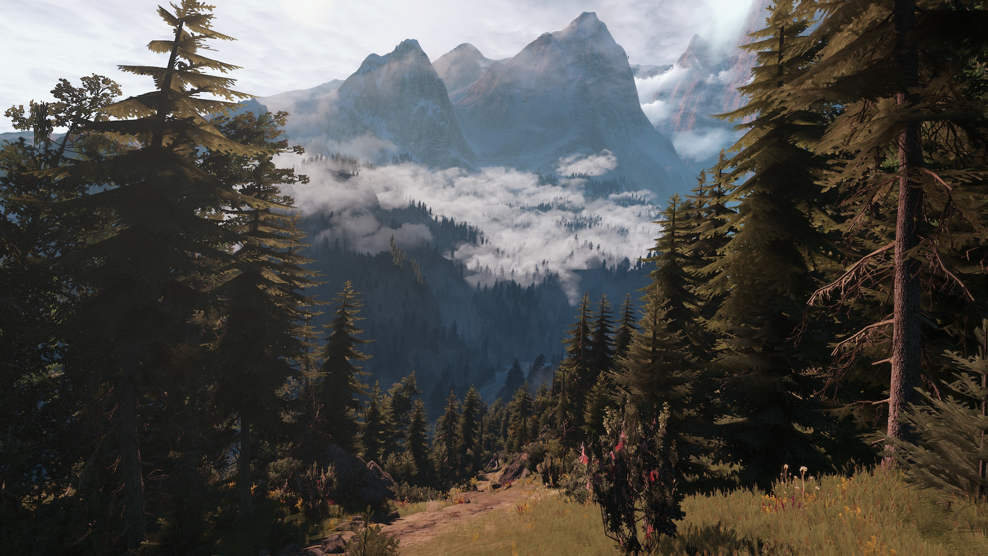 General 3840x2160 The Witcher 3: Wild Hunt screen shot PC gaming mountains Kaer Morhen video game art trees video games sunlight forest mist CGI nature