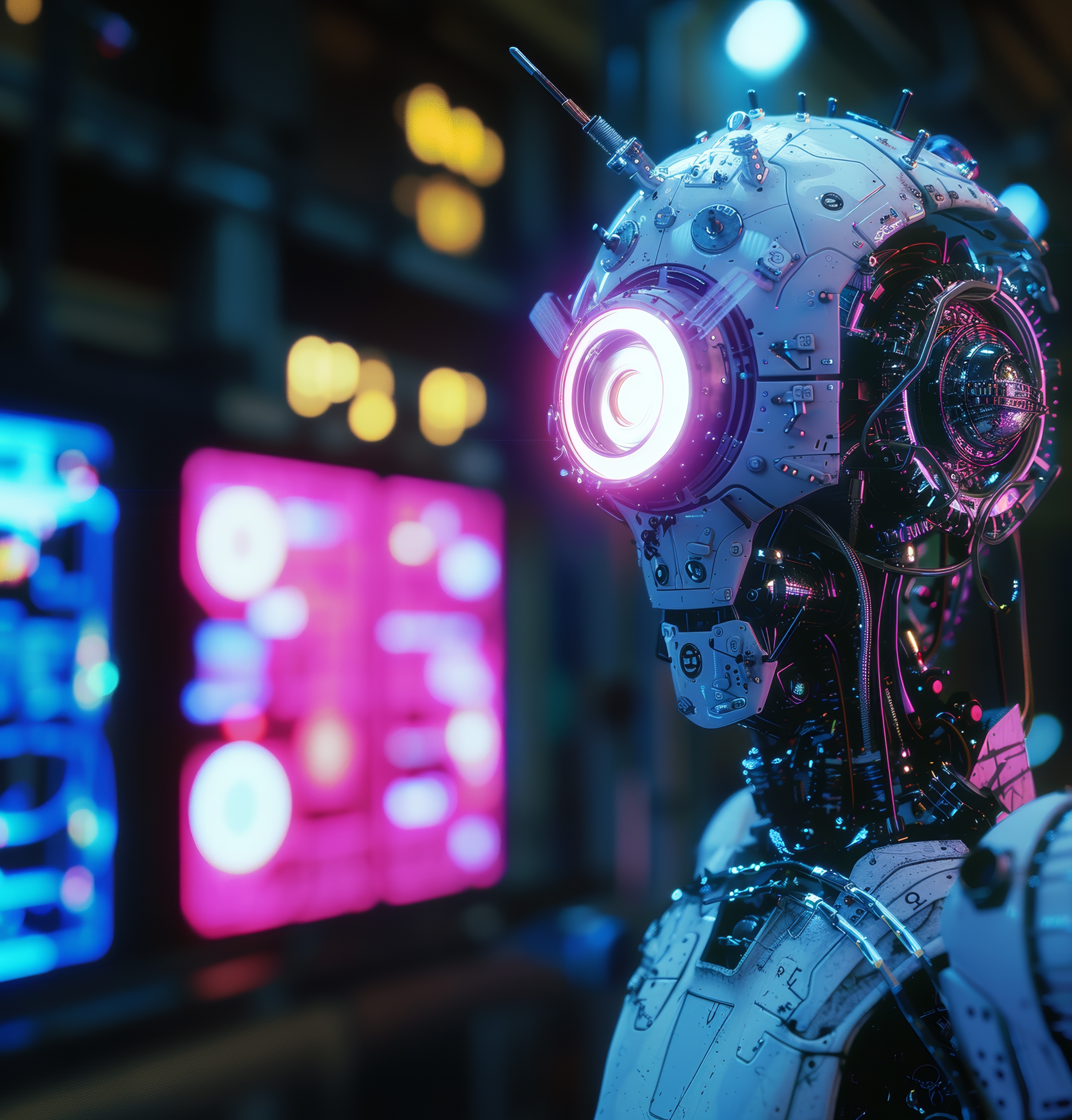 General 2144x2240 AI art futuristic cyberpunk robot science fiction neon signs portrait display blurred blurry background technology glowing